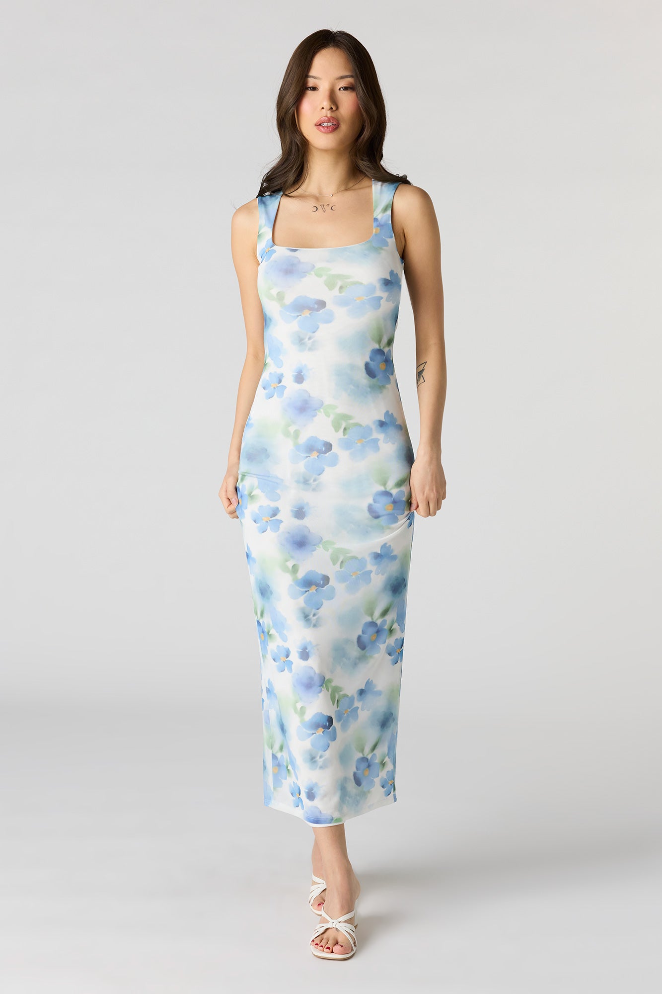Floral Mesh Square Neck Maxi Dress