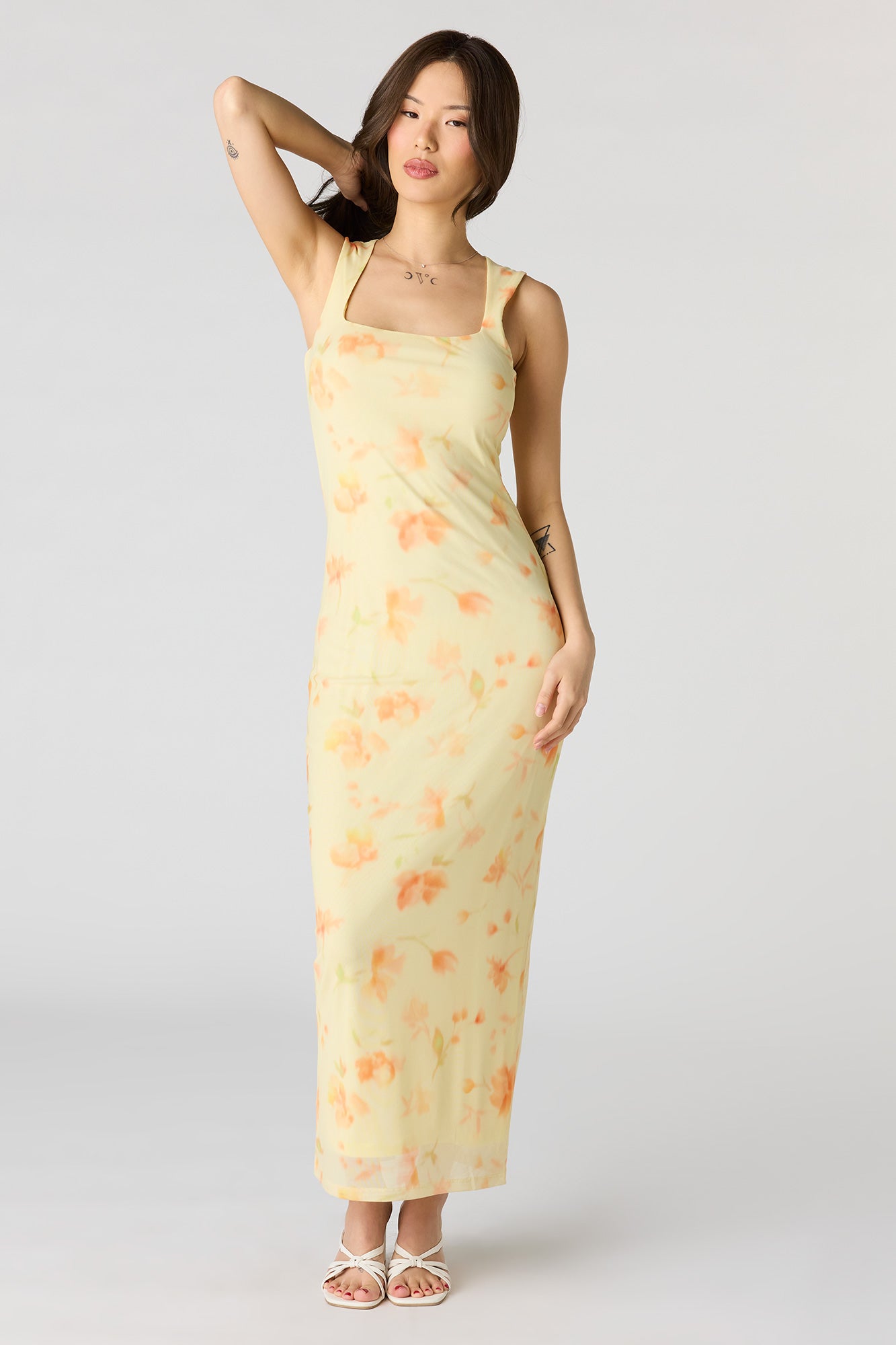 Floral Mesh Square Neck Maxi Dress