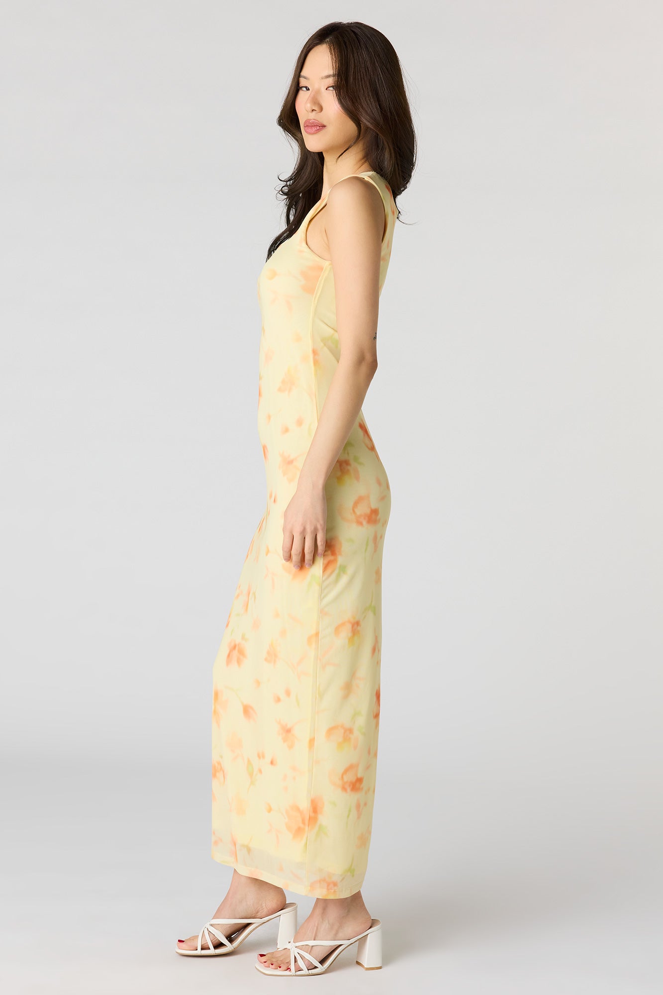 Floral Mesh Square Neck Maxi Dress