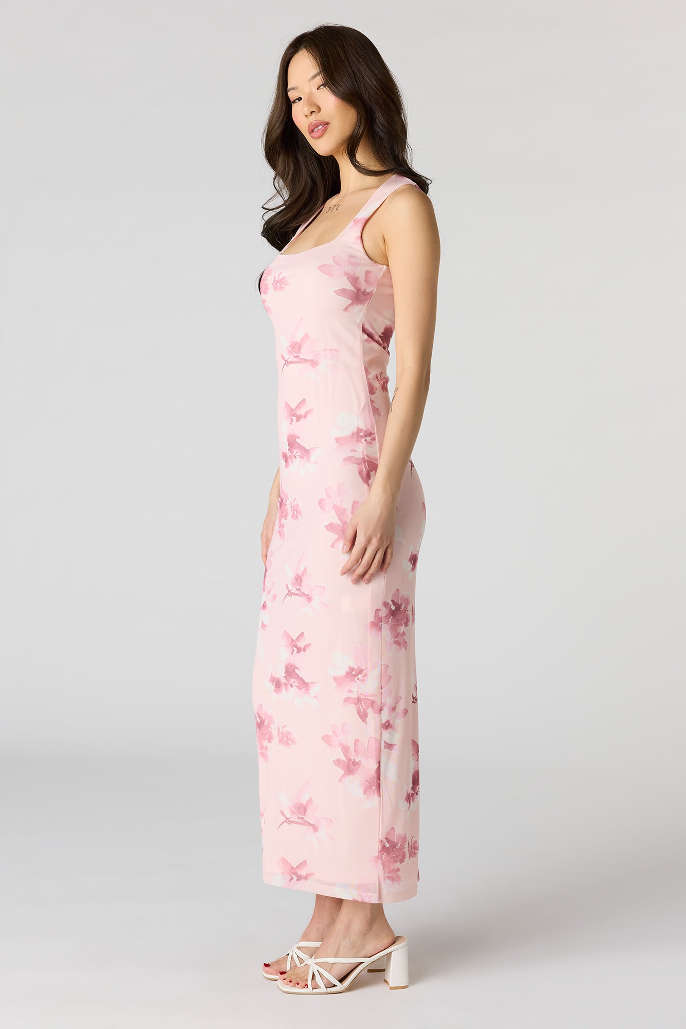Floral Mesh Square Neck Maxi Dress