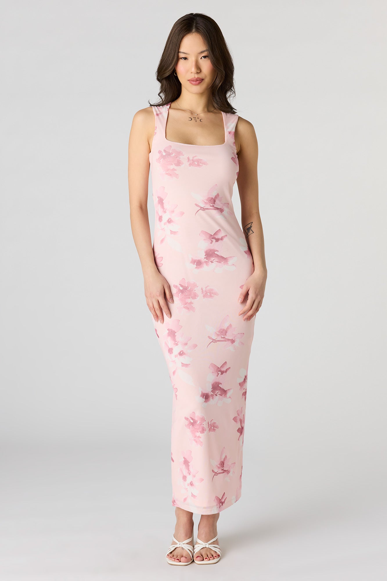 Floral Mesh Square Neck Maxi Dress