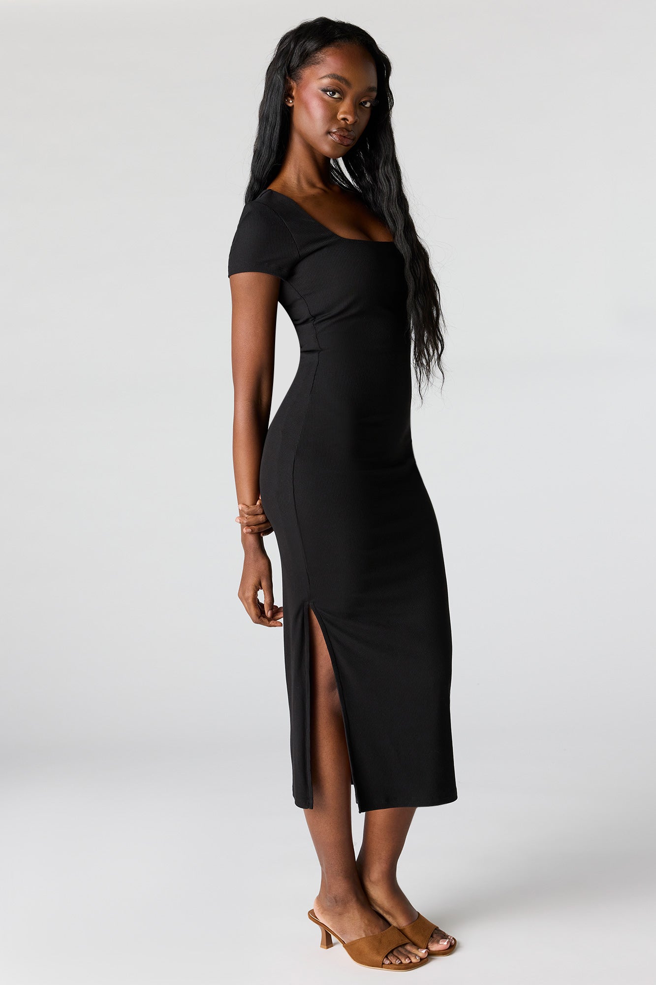 Ribbed Square Neck Bodycon Midi Dress