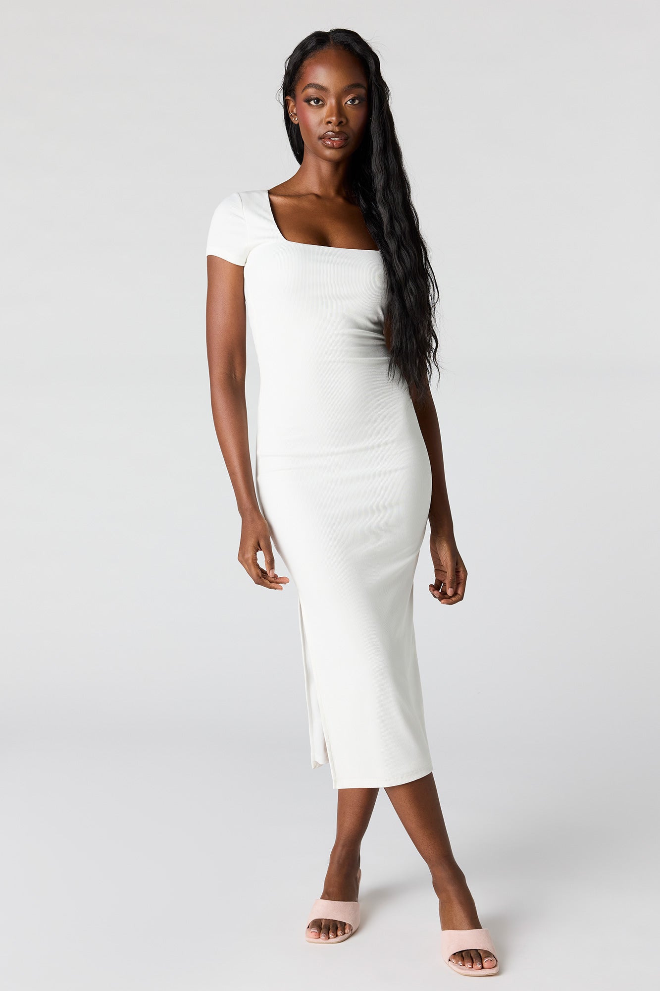 Ribbed Square Neck Bodycon Midi Dress