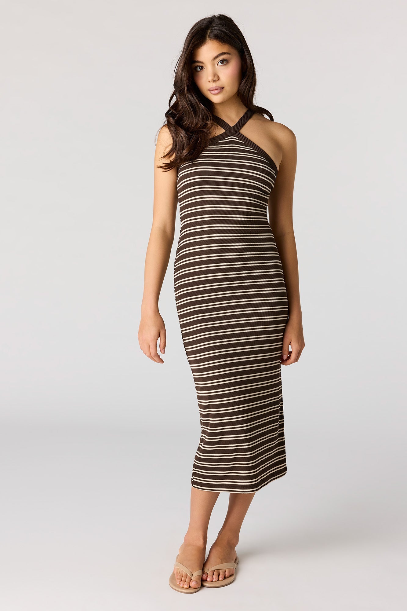 Striped Ribbed Halter Midi Dress