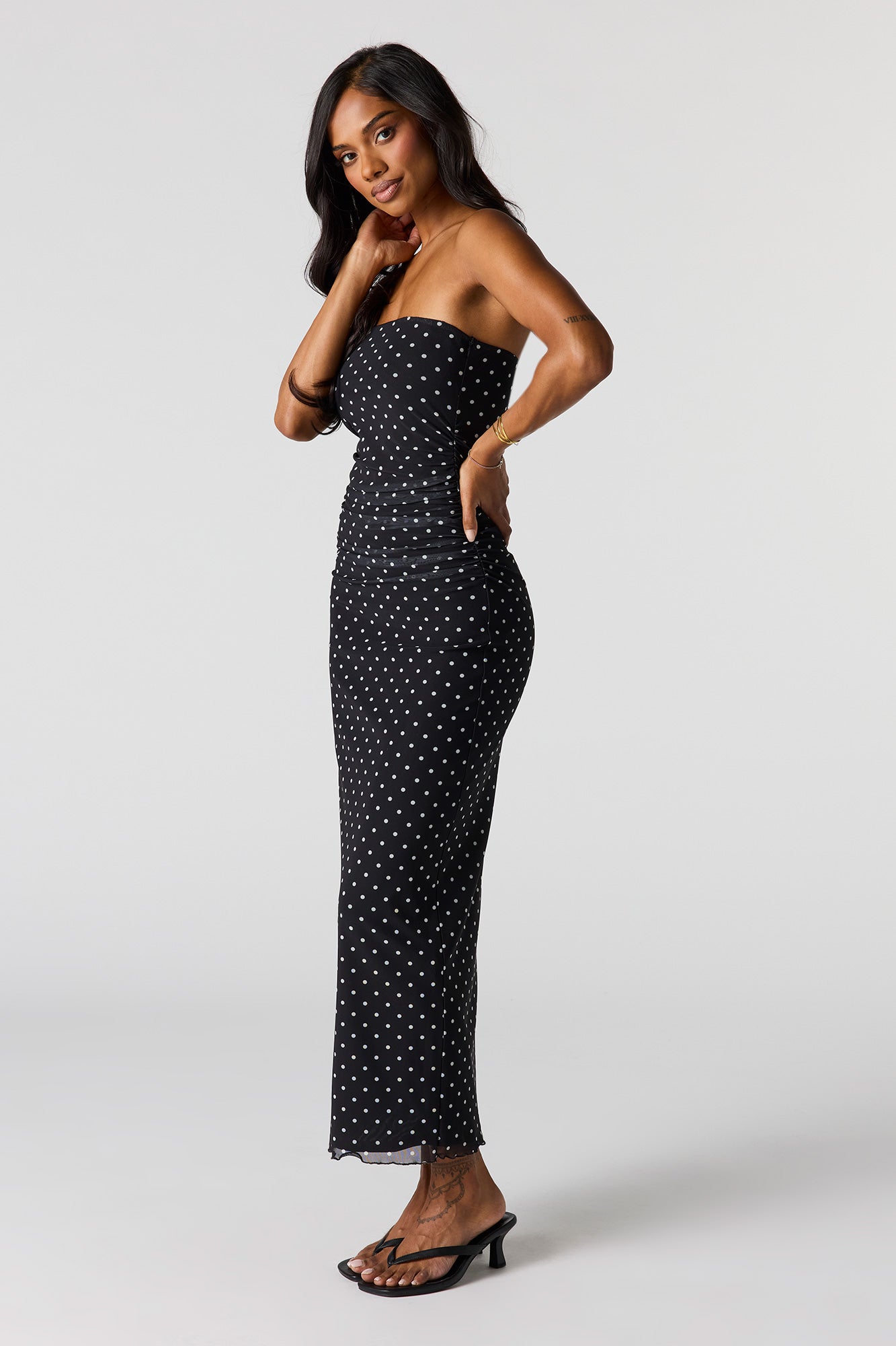 Mesh Ruched Tube Maxi Dress
