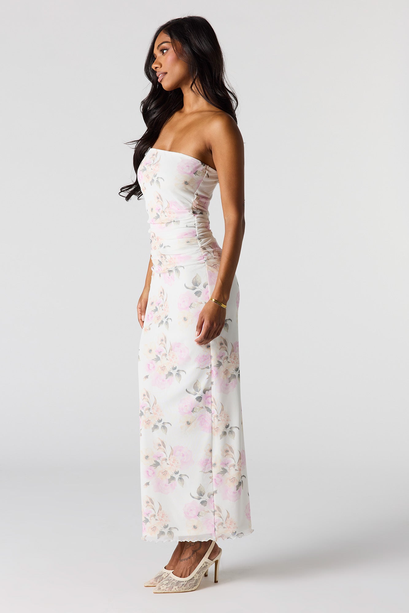Mesh Ruched Tube Maxi Dress