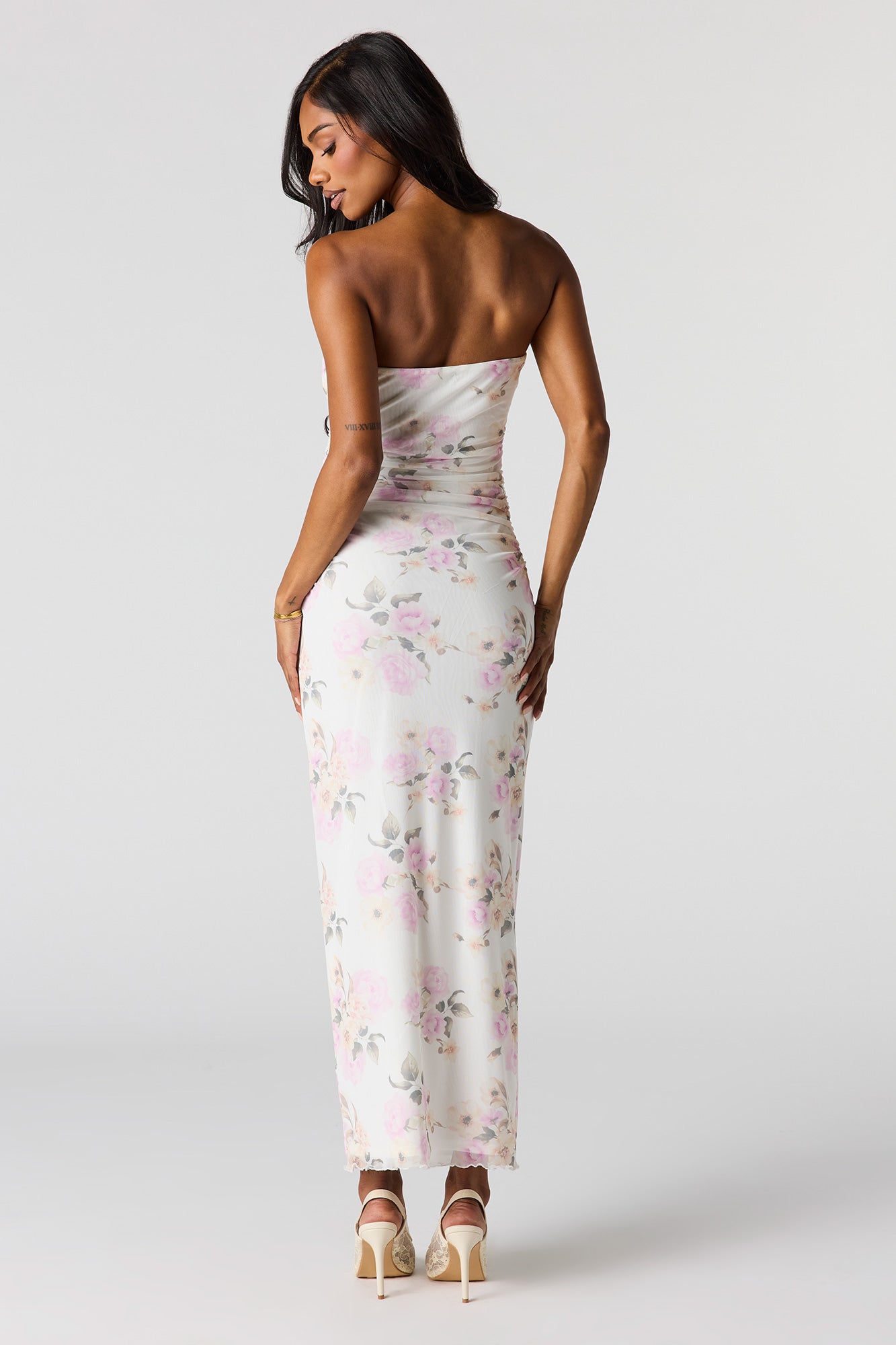 Mesh Ruched Tube Maxi Dress