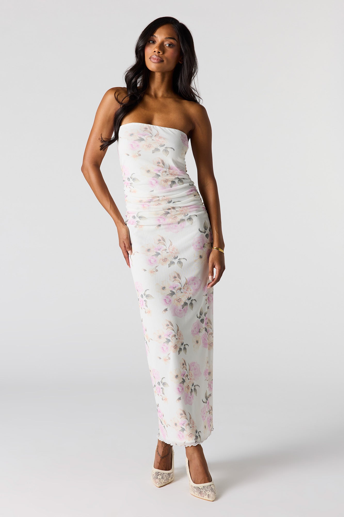 Mesh Ruched Tube Maxi Dress