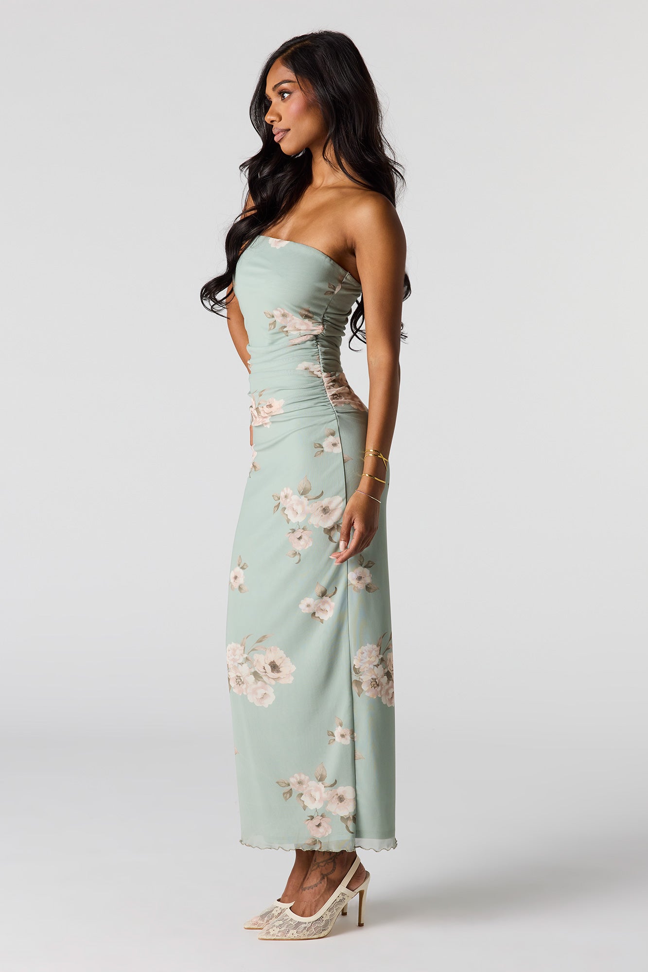 Mesh Ruched Tube Maxi Dress