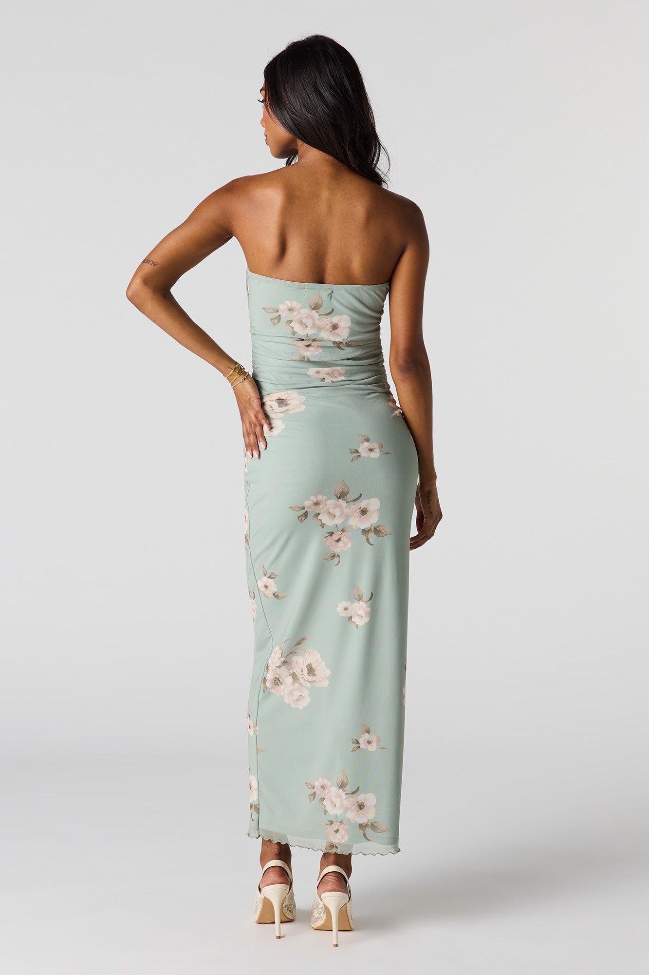 Mesh Ruched Tube Maxi Dress