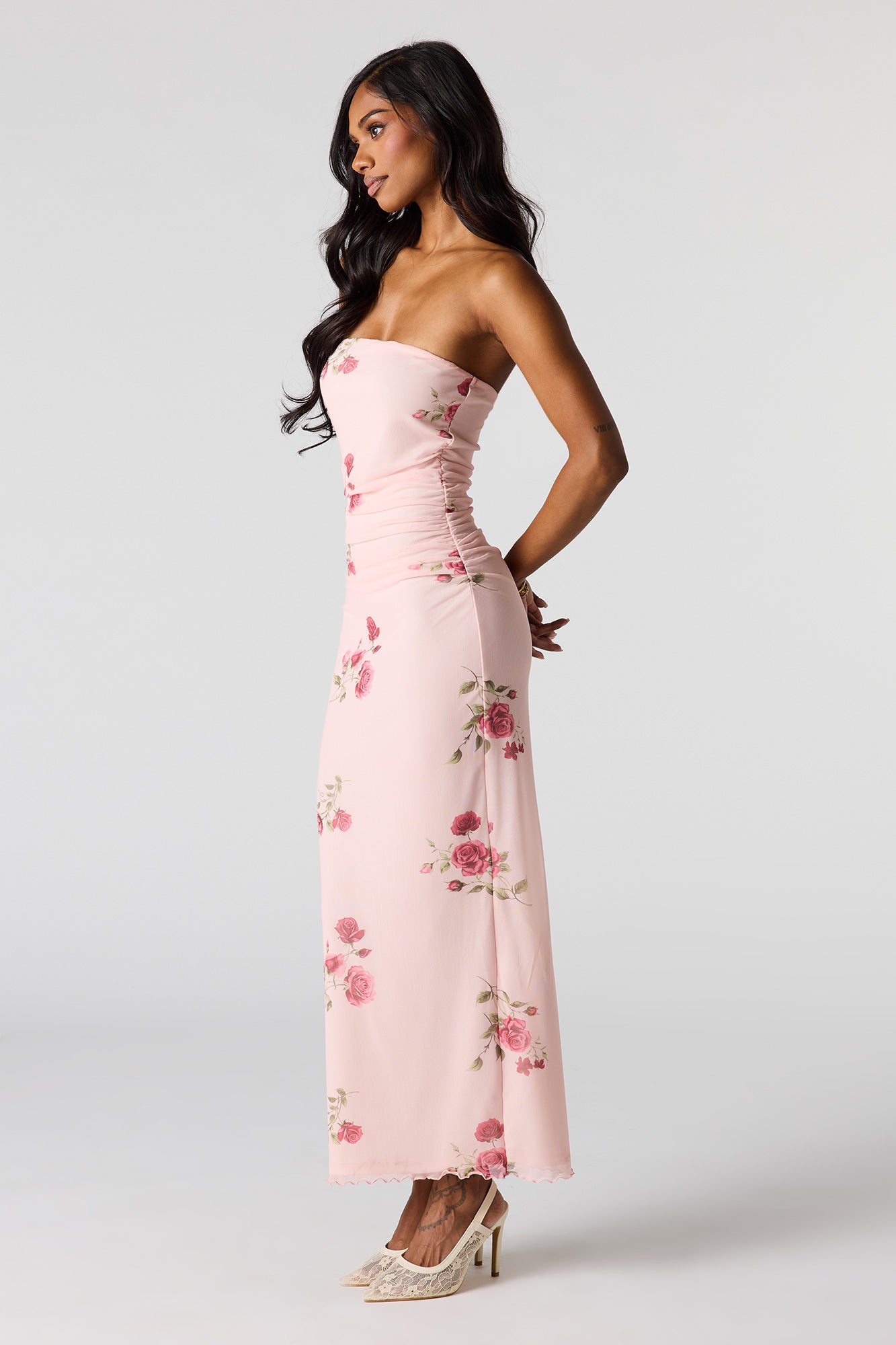 Mesh Ruched Tube Maxi Dress