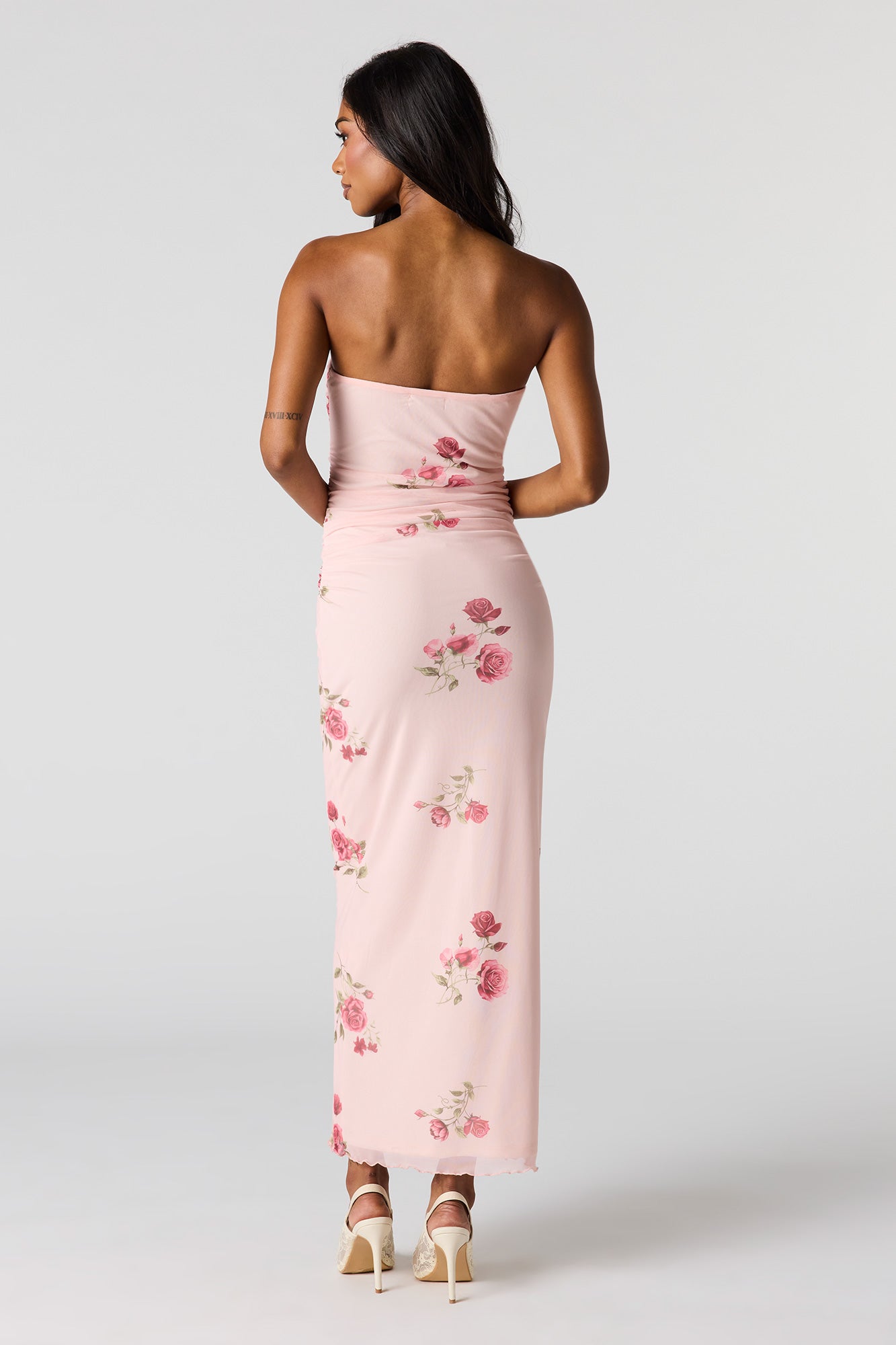 Mesh Ruched Tube Maxi Dress