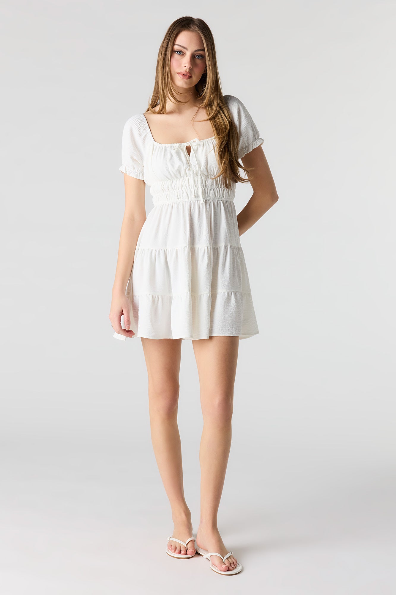 Short Puff Sleeve Tiered Mini Dress