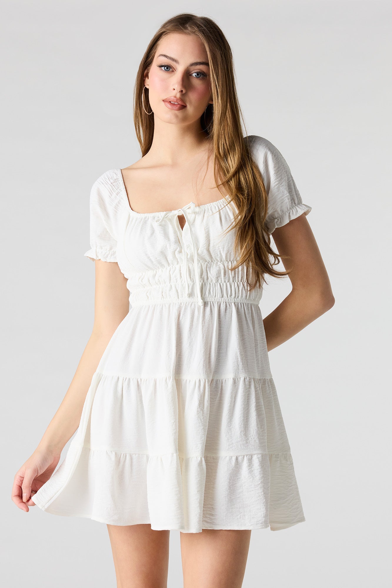 Short Puff Sleeve Tiered Mini Dress