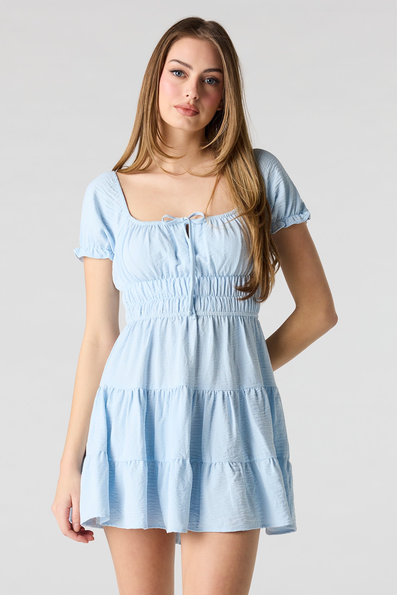 Short Puff Sleeve Tiered Mini Dress