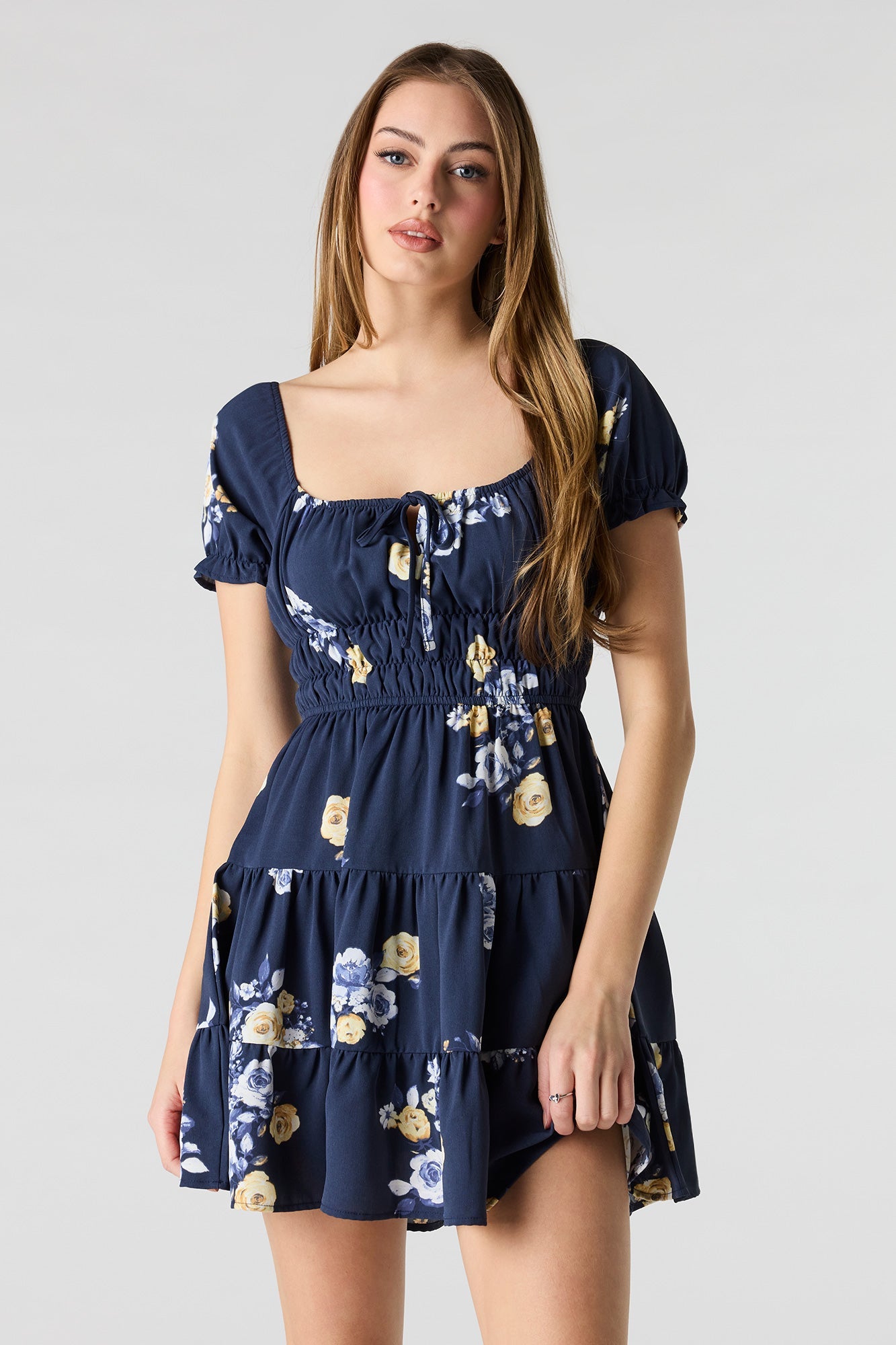 Short Puff Sleeve Tiered Mini Dress