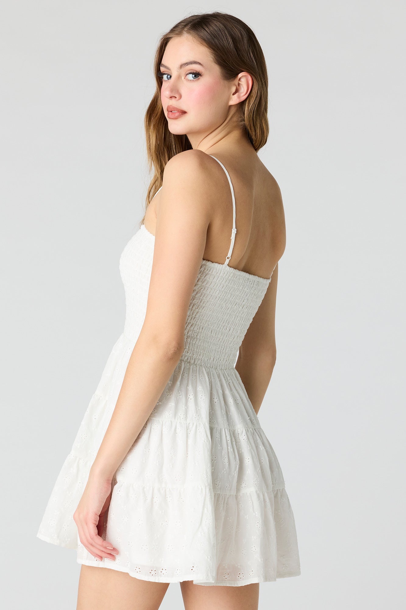 Smocked Eyelet Mini Dress