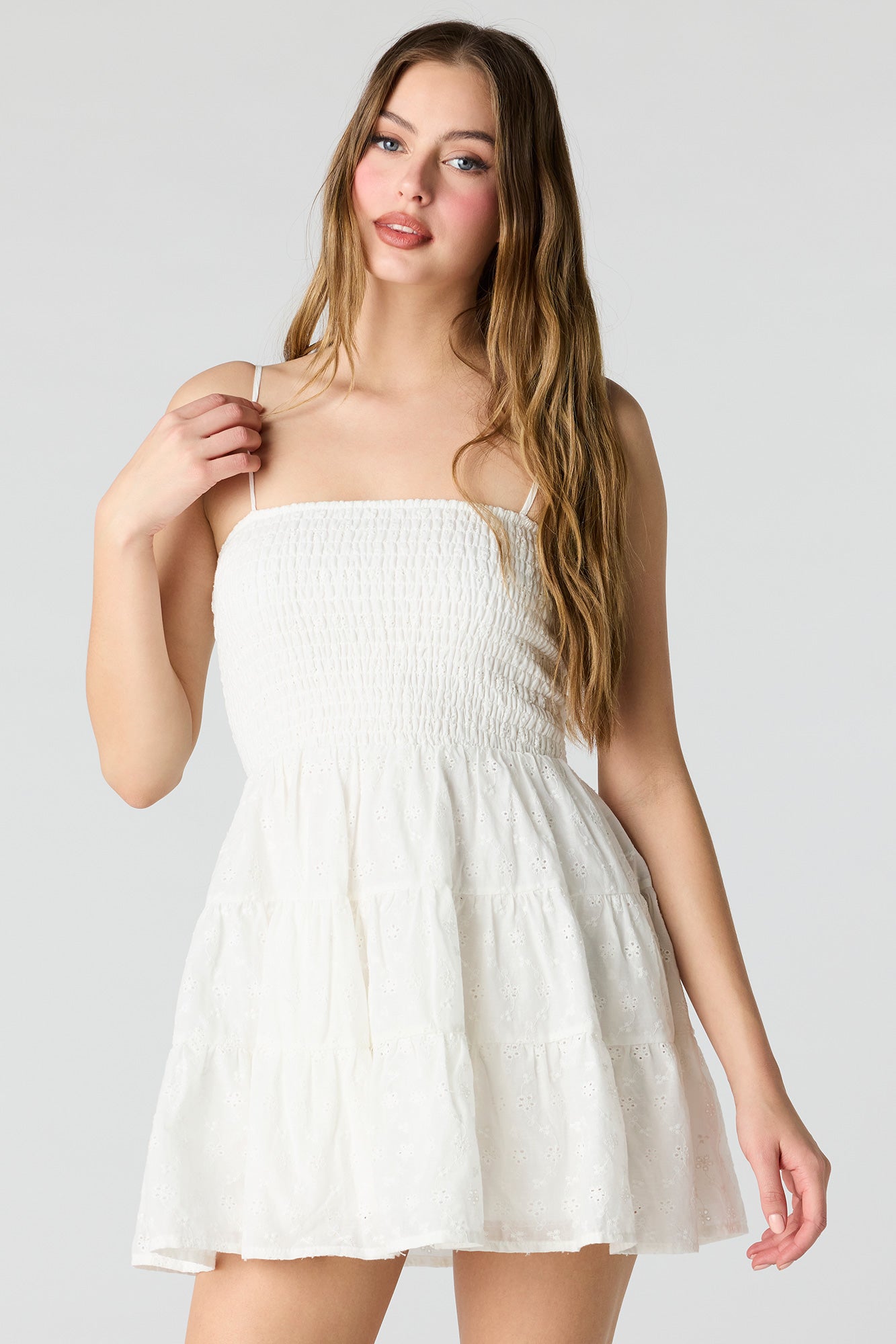 Smocked Eyelet Mini Dress