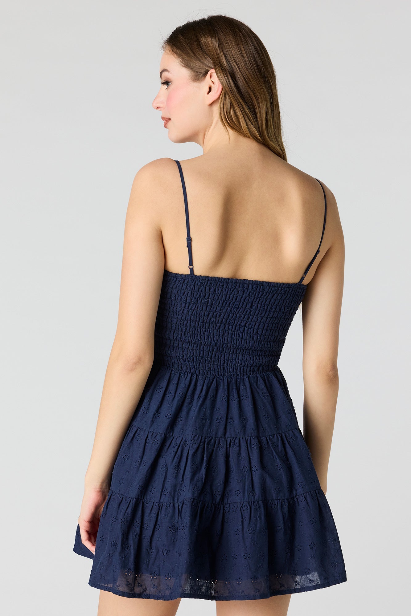 Smocked Eyelet Mini Dress