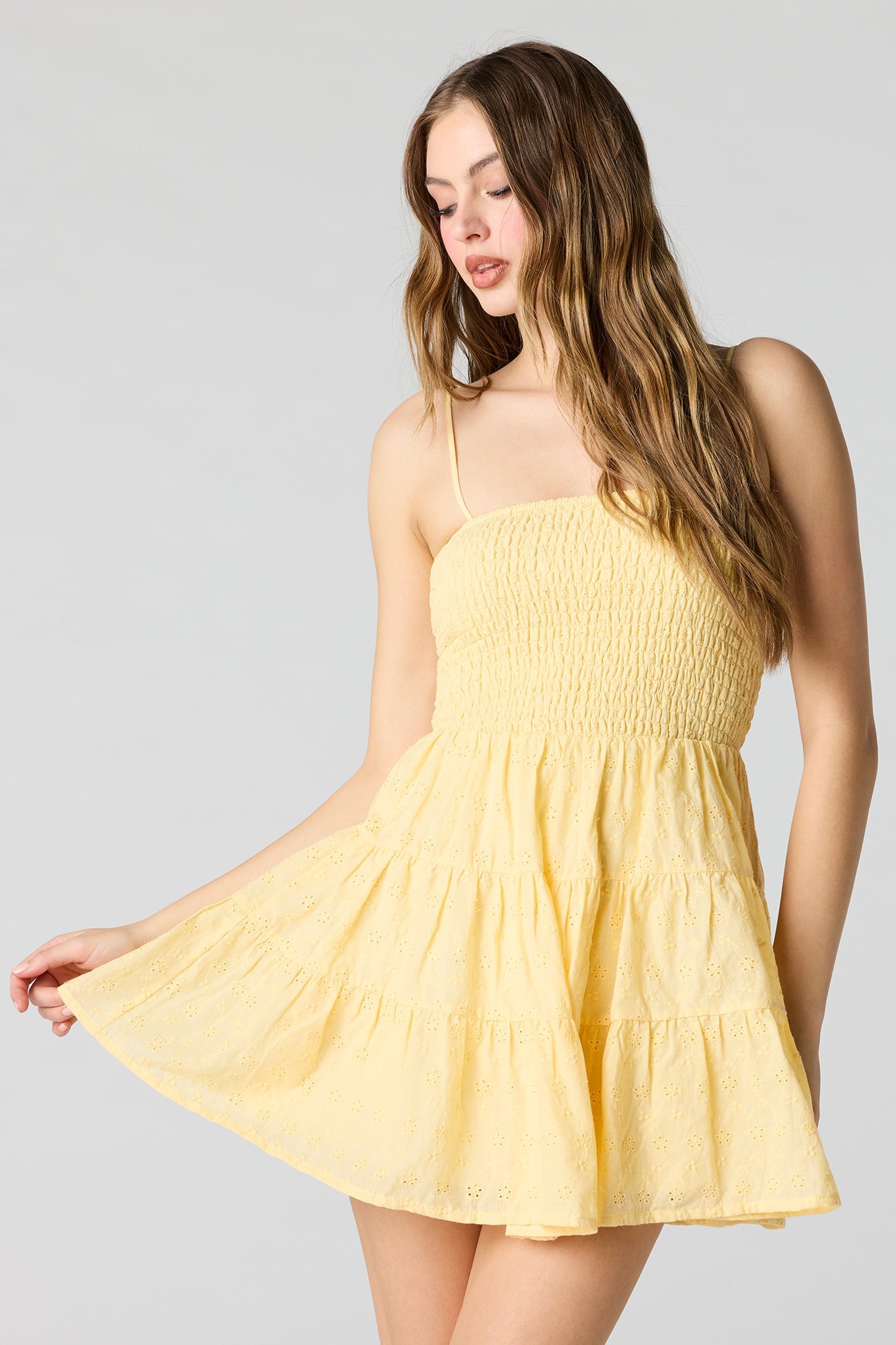 Smocked Eyelet Mini Dress