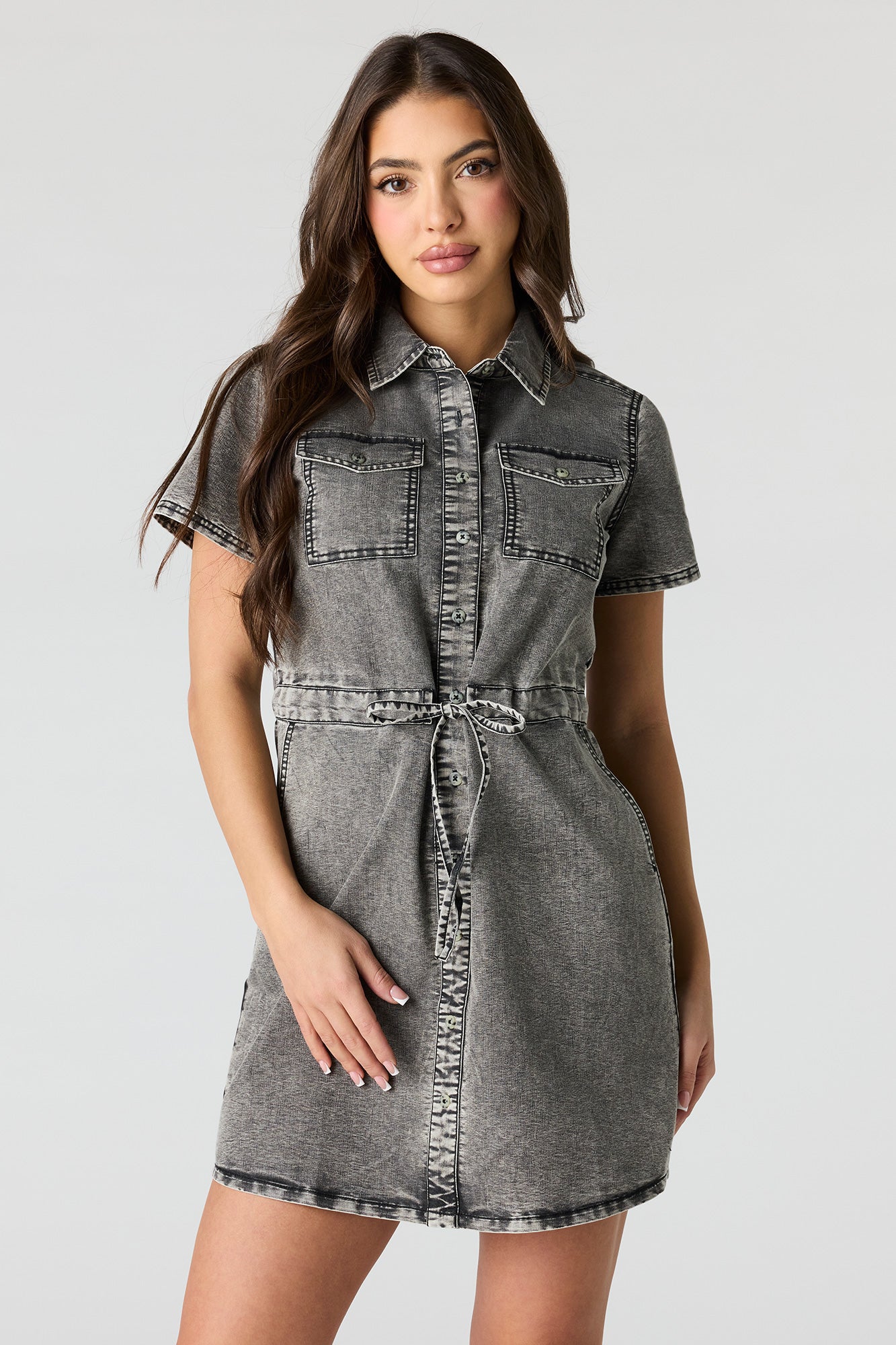 Denim Button Front Mini T-Shirt Dress