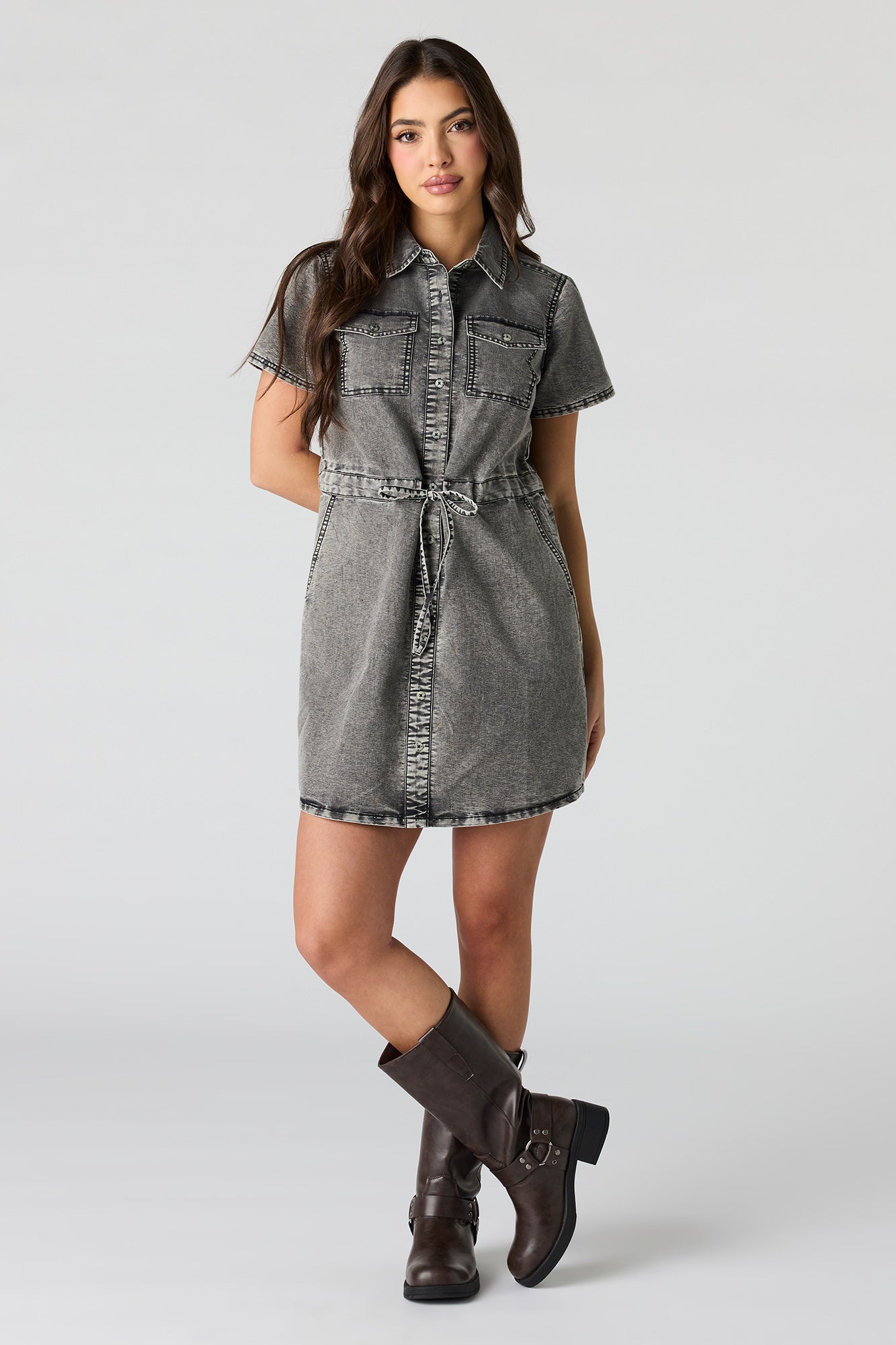 Denim Button Front Mini T-Shirt Dress