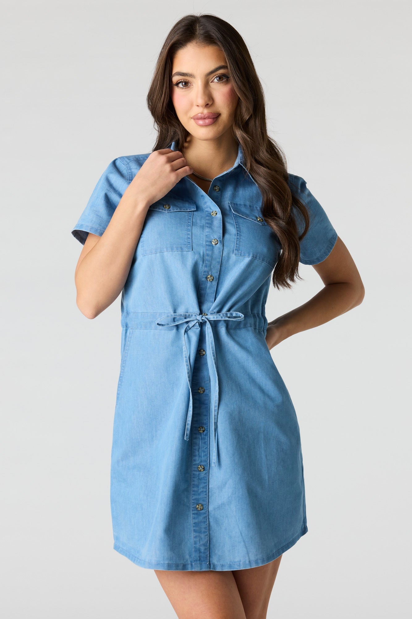 Denim Button Front Mini T-Shirt Dress