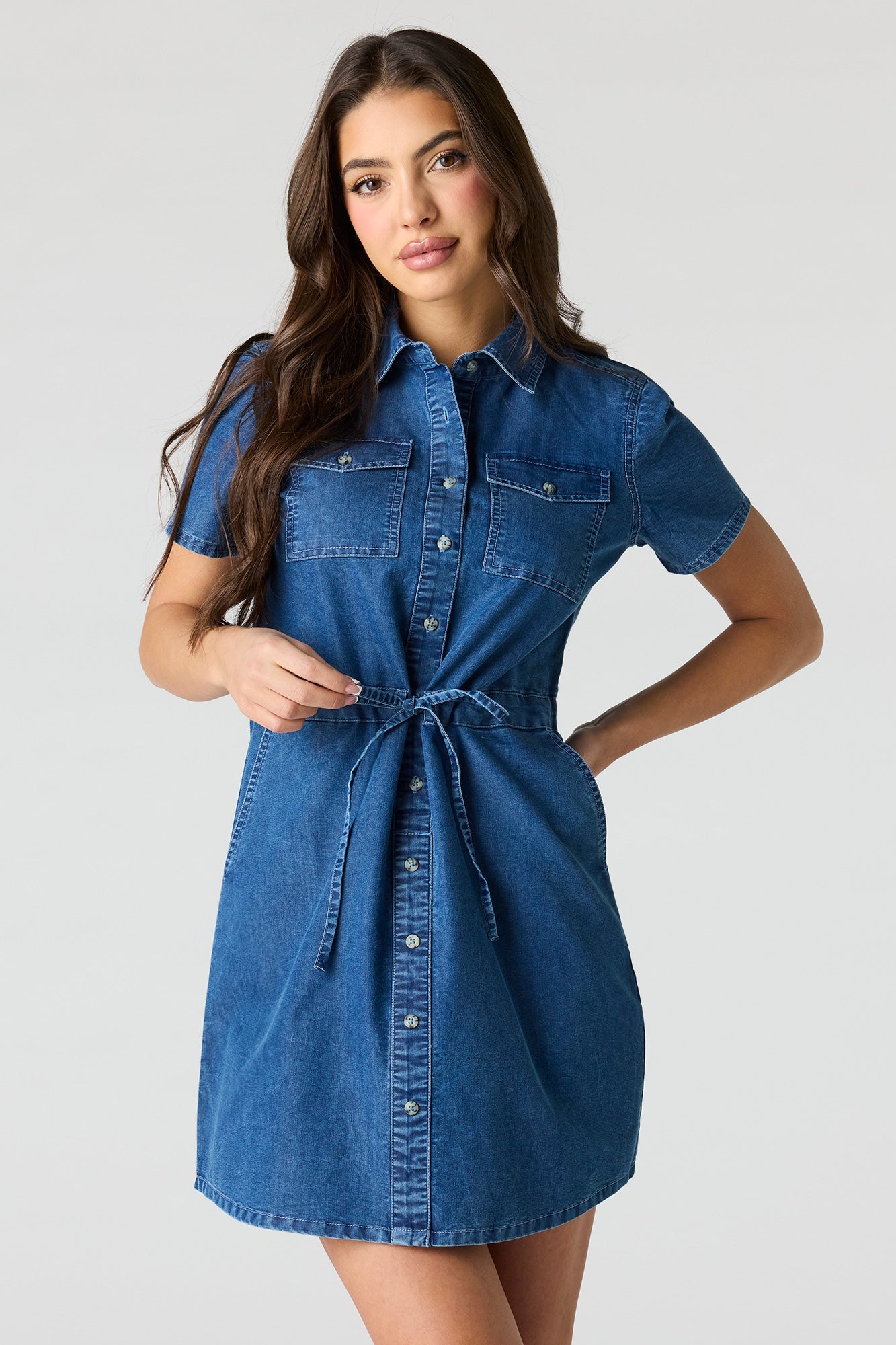 Denim Button Front Mini T-Shirt Dress