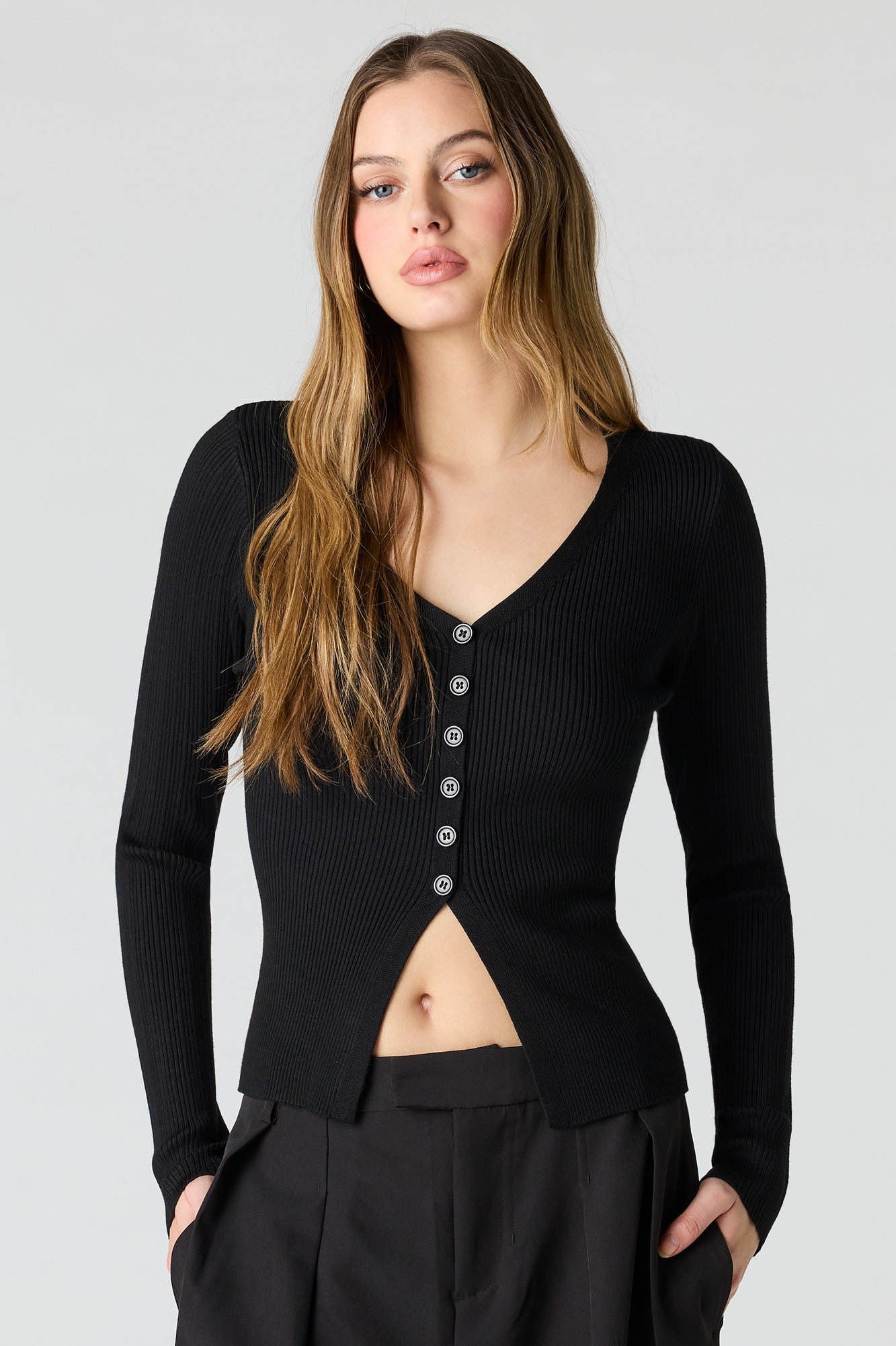 Ribbed Knit Flyaway Button-Up Cardigan