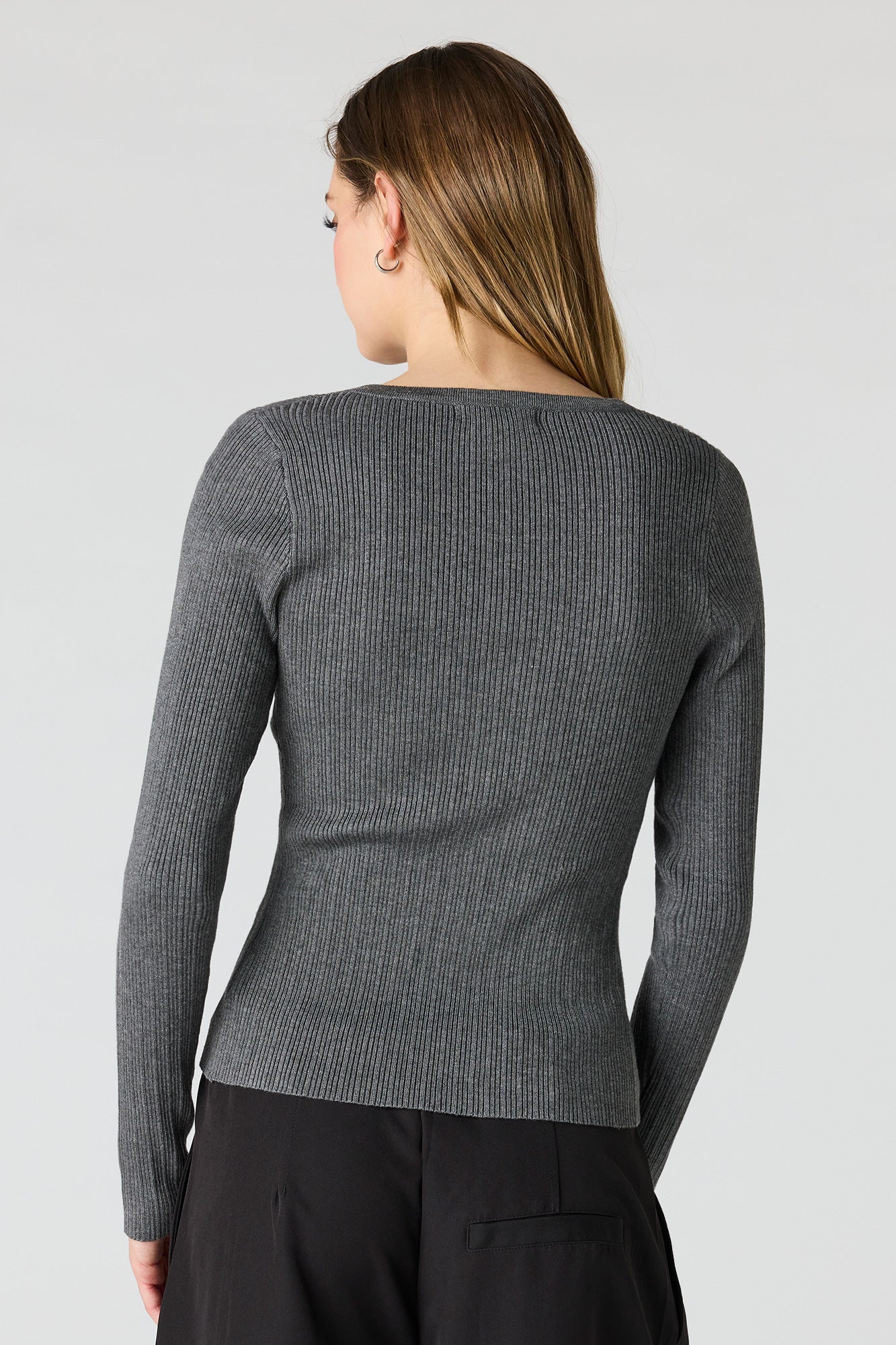 Ribbed Knit Flyaway Button-Up Cardigan