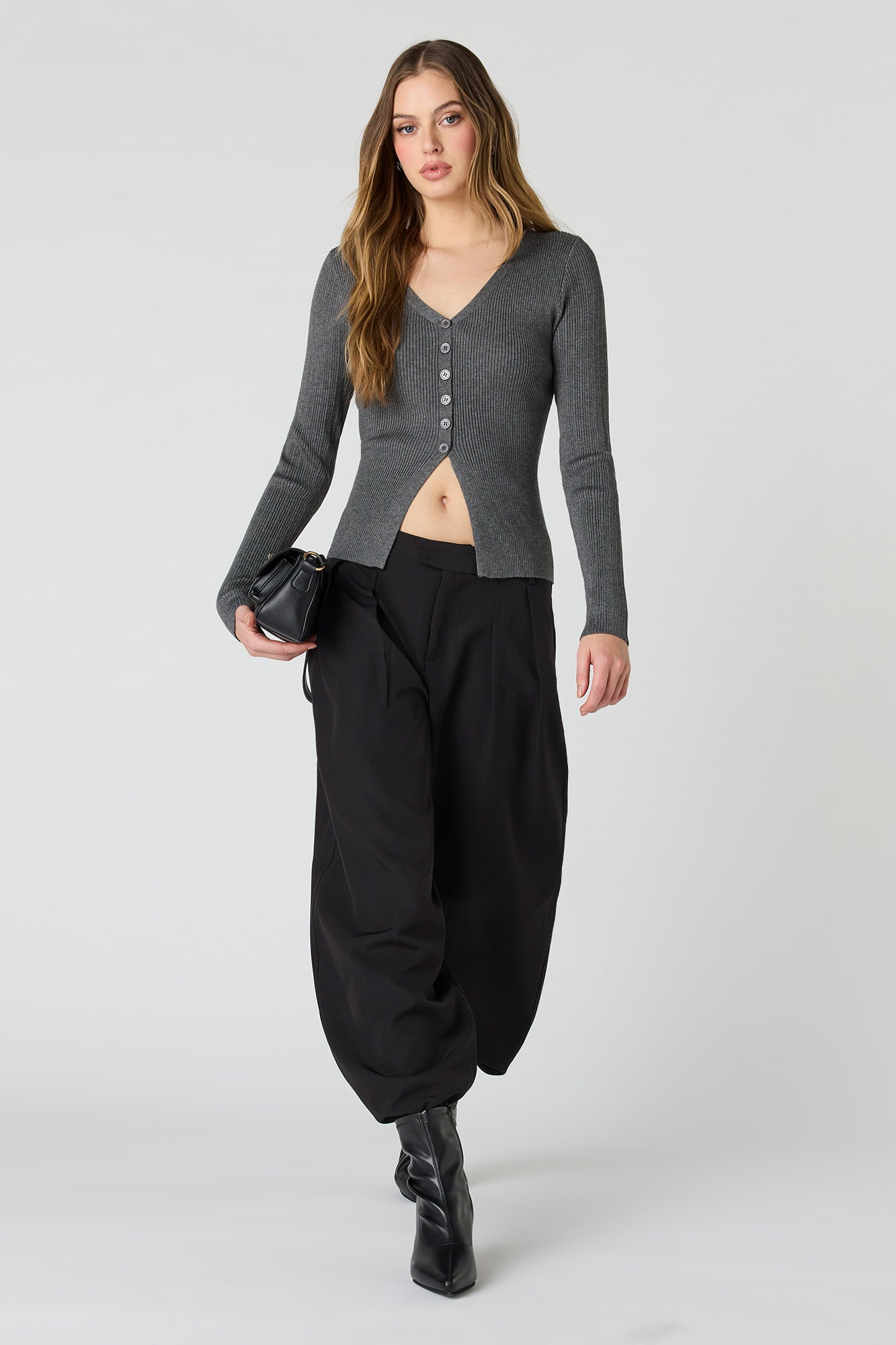 Ribbed Knit Flyaway Button-Up Cardigan