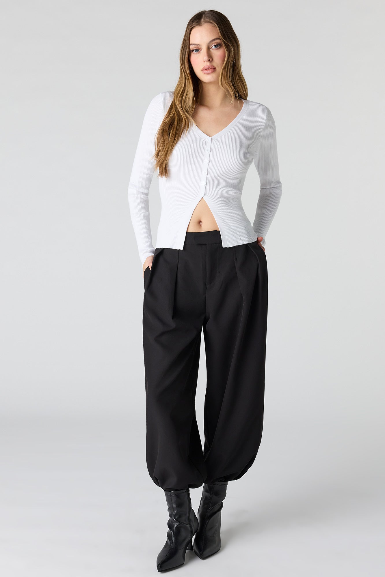 Ribbed Knit Flyaway Button-Up Cardigan