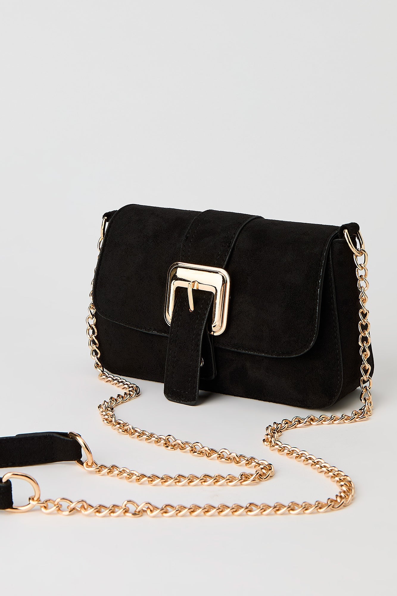 Faux-Suede Buckle Crossbody Chain Purse
