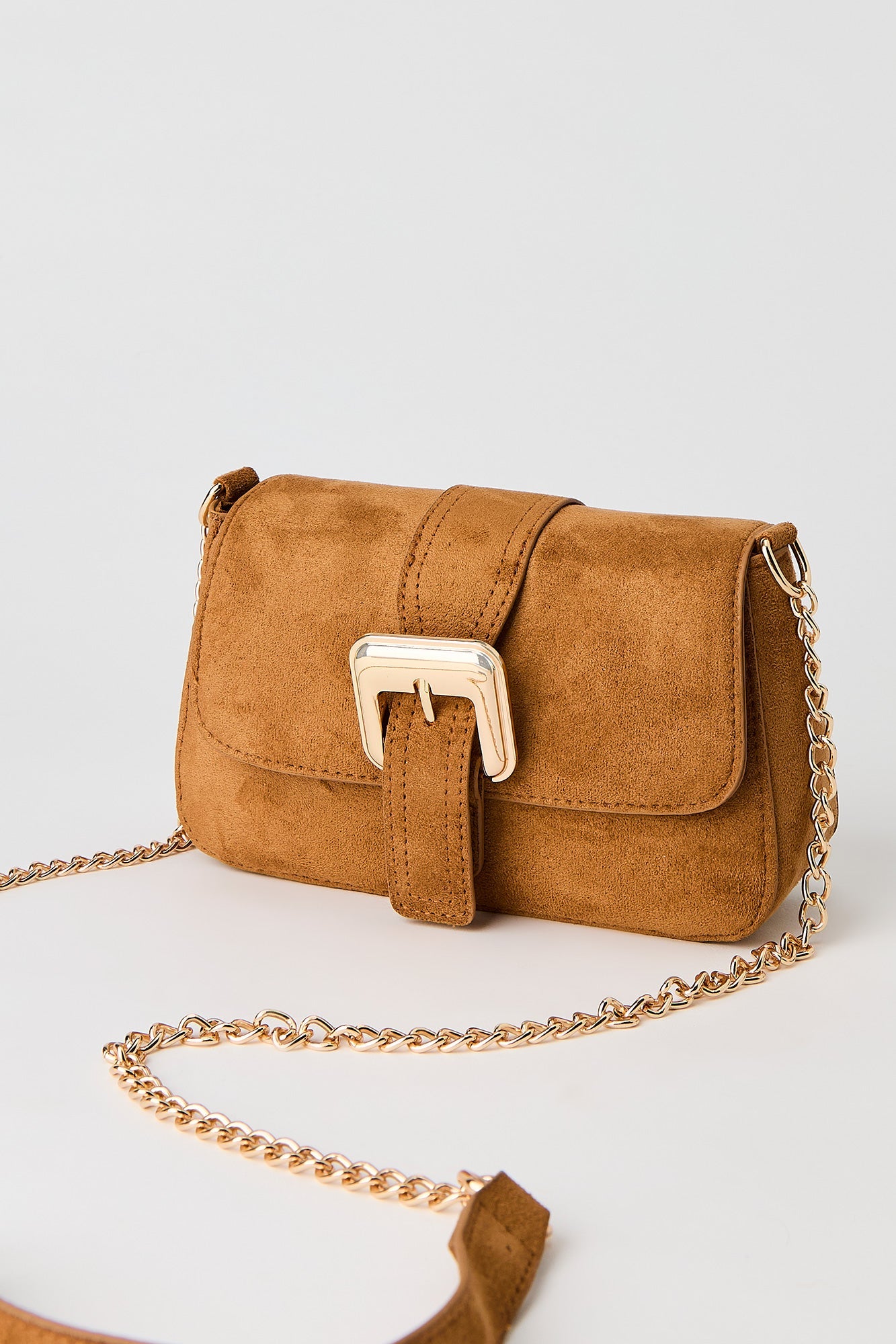 Faux-Suede Buckle Crossbody Chain Purse
