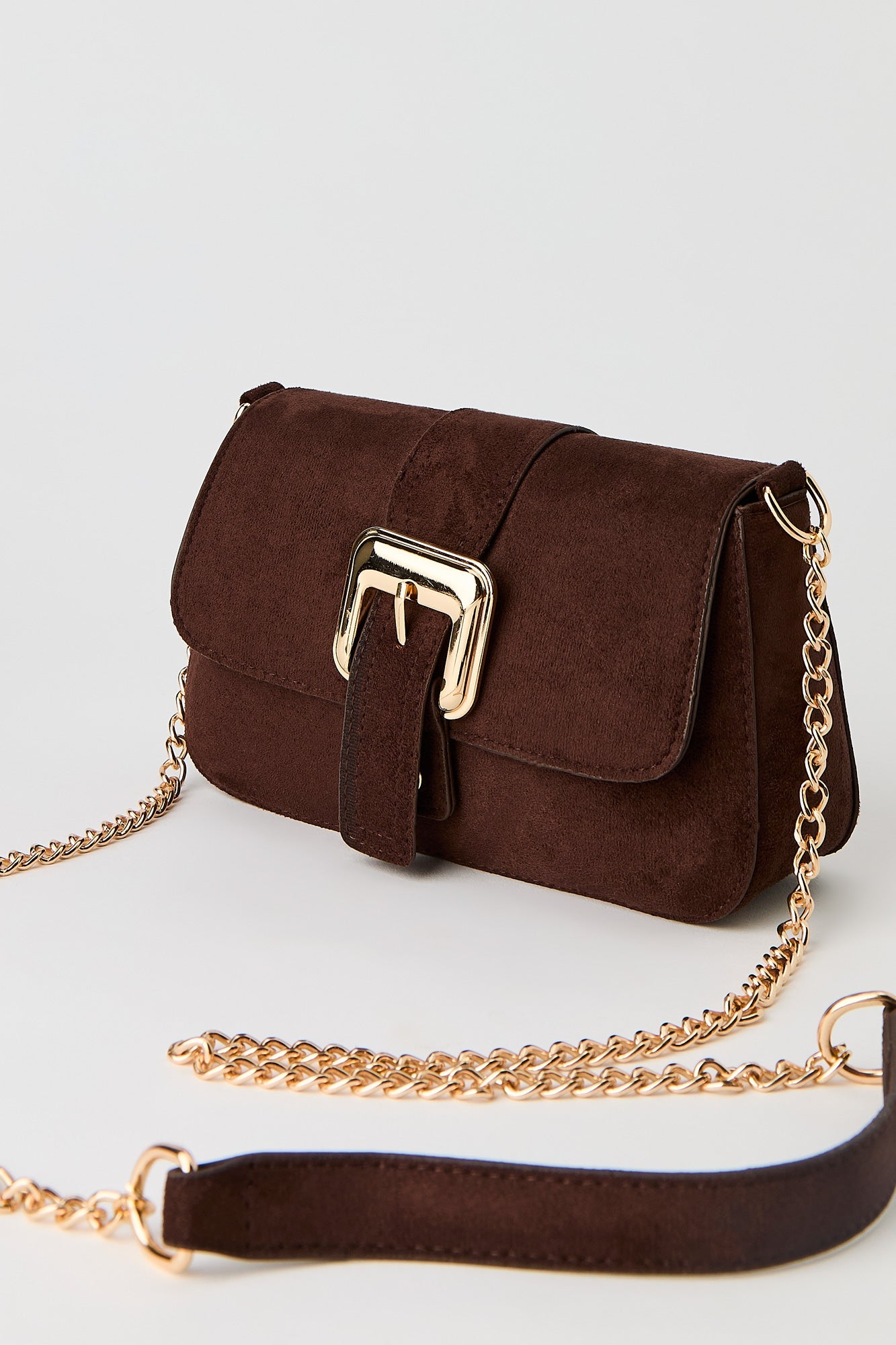 Faux-Suede Buckle Crossbody Chain Purse
