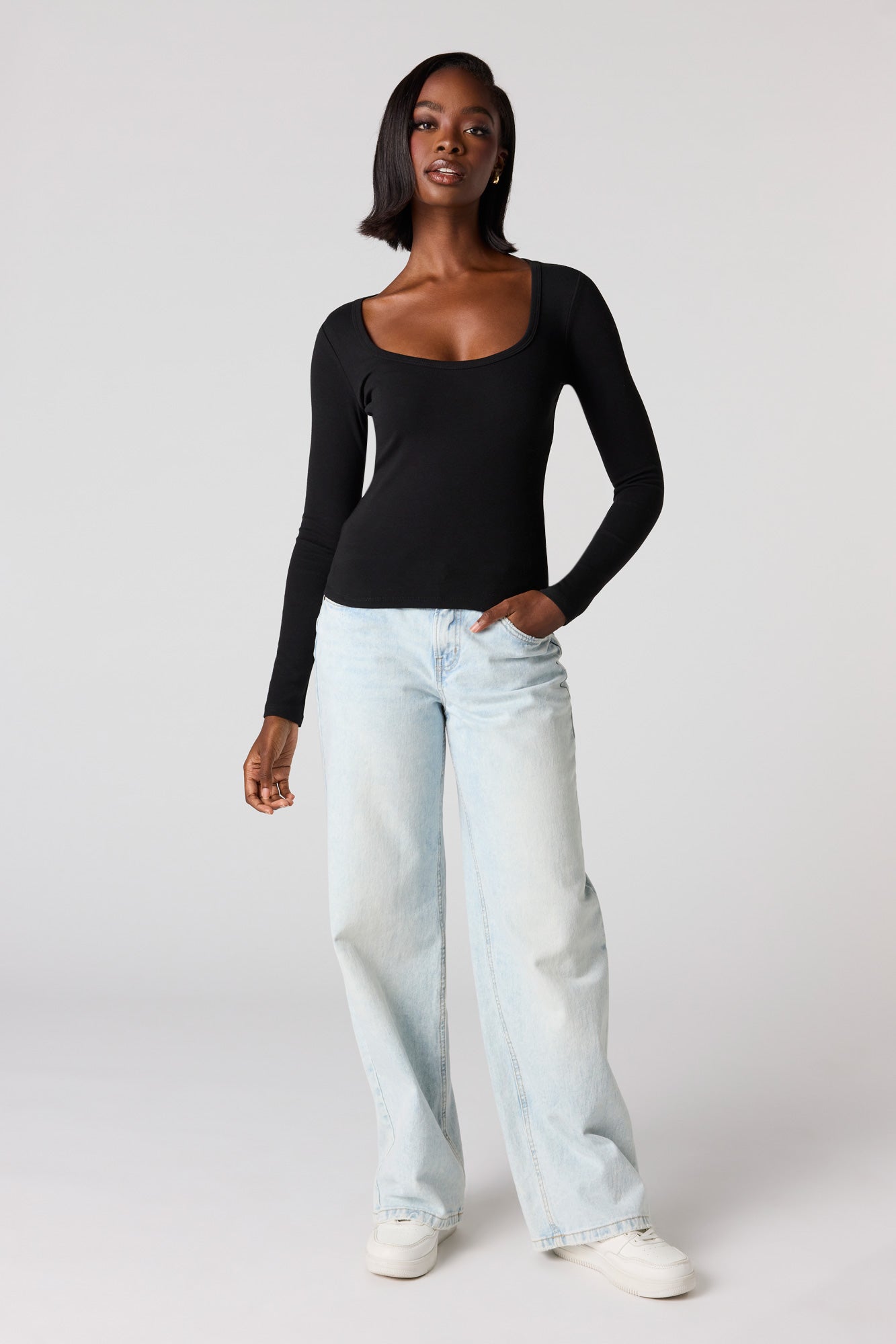 Ribbed Scoop Neck Long Sleeve Top