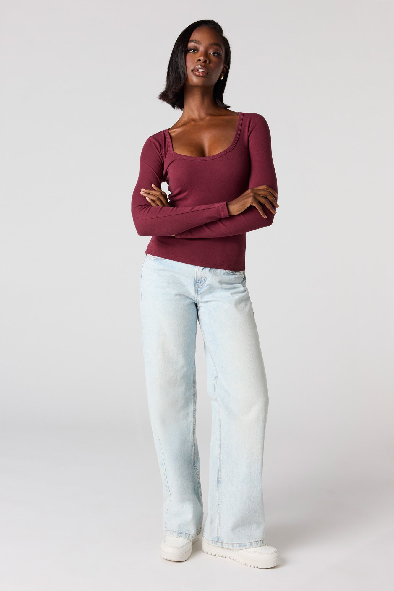 Ribbed Scoop Neck Long Sleeve Top