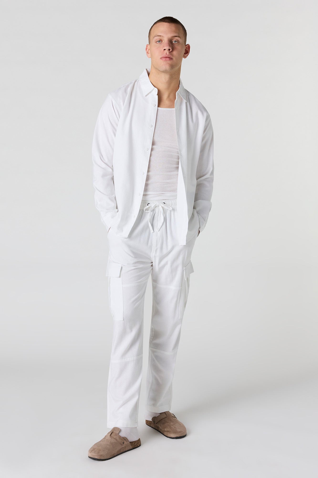 Linen-Blend Long Sleeve Button-Up Top