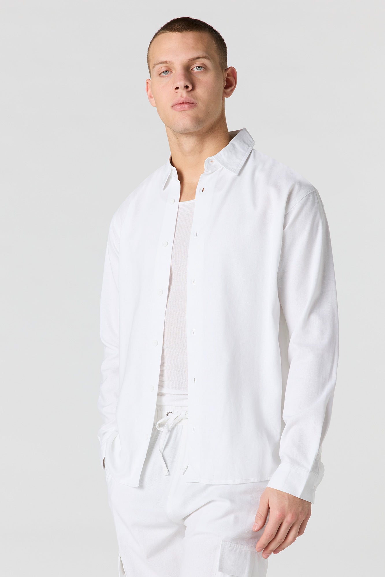 Linen-Blend Long Sleeve Button-Up Top
