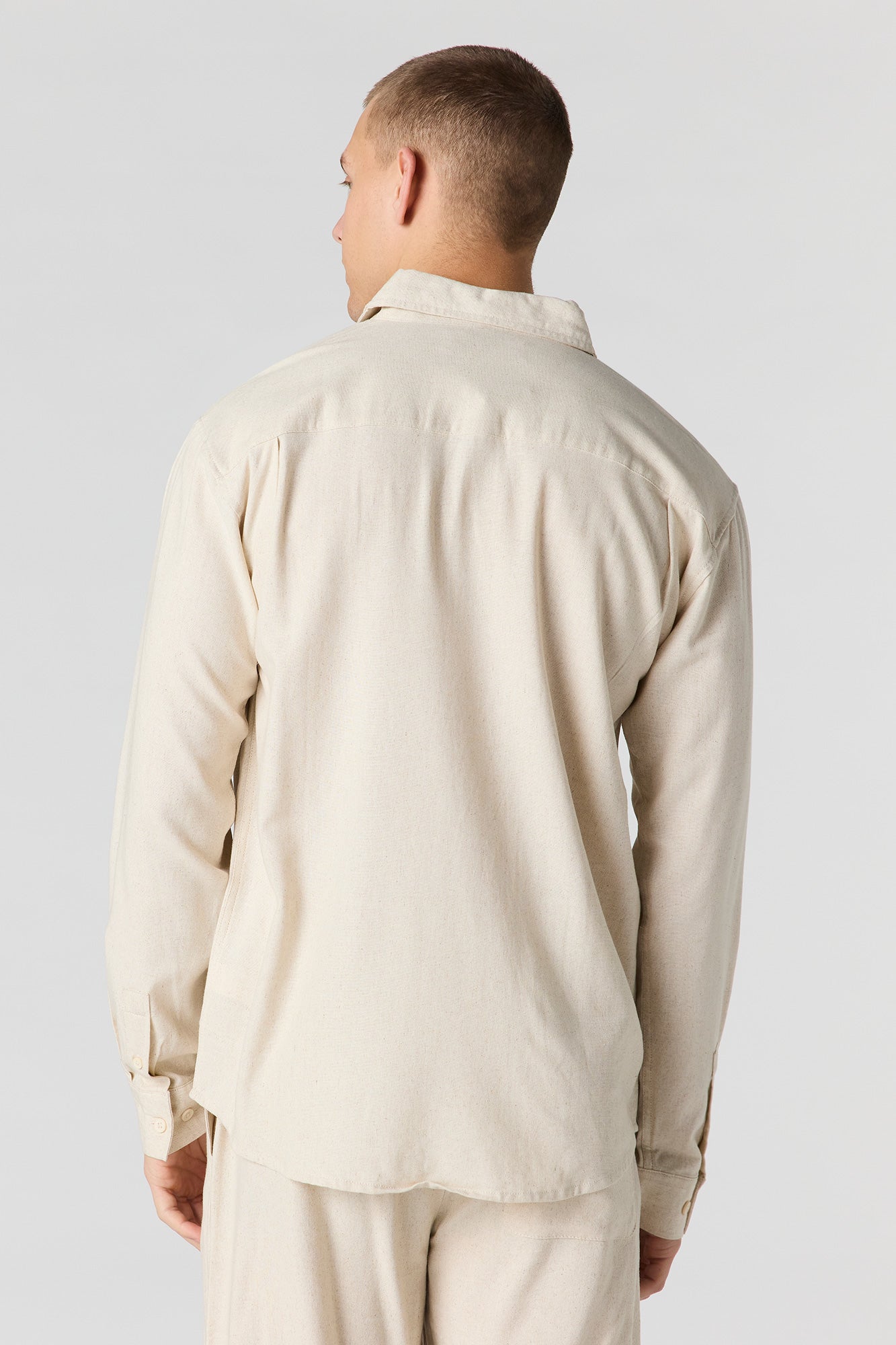 Linen-Blend Long Sleeve Button-Up Top