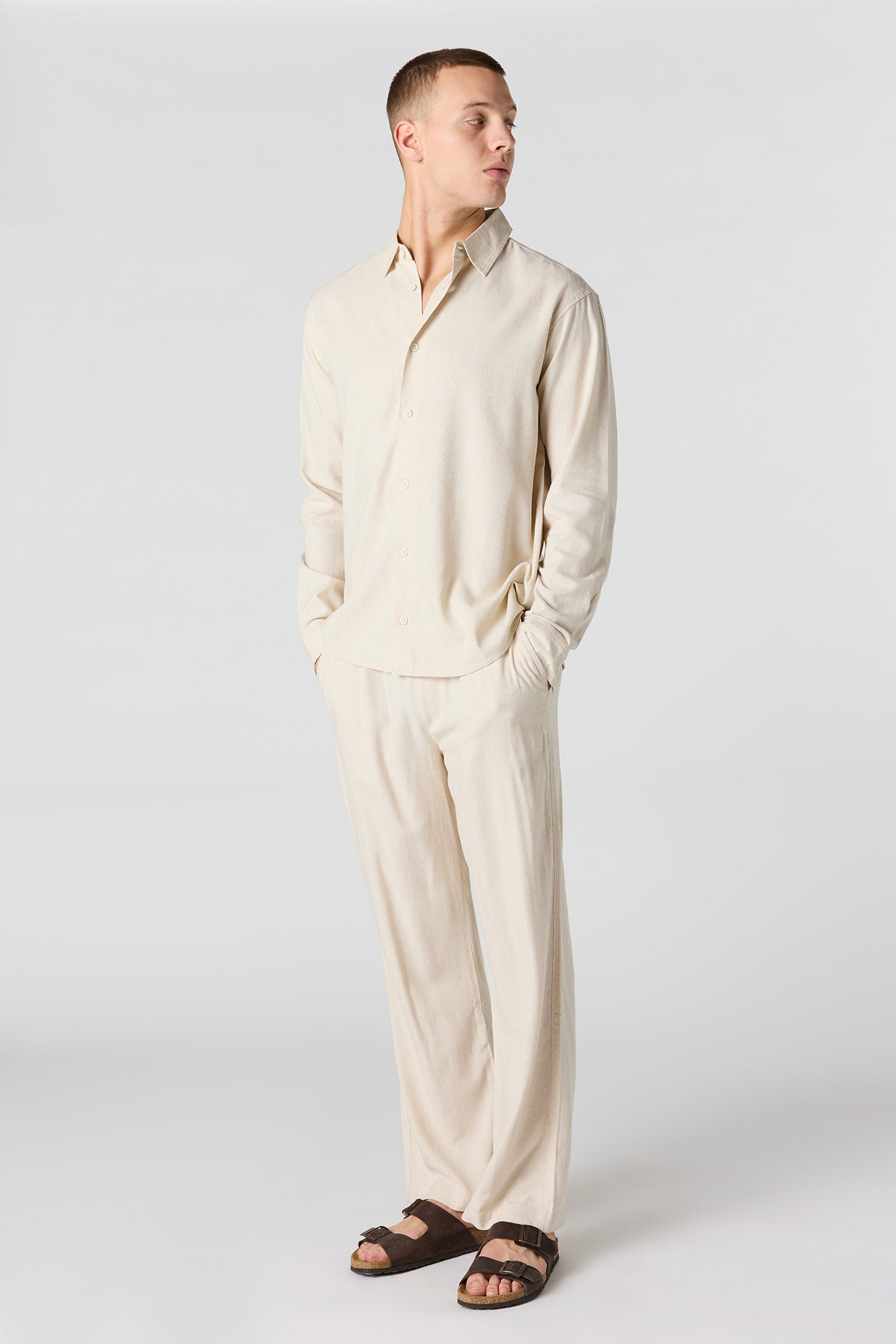 Linen-Blend Long Sleeve Button-Up Top