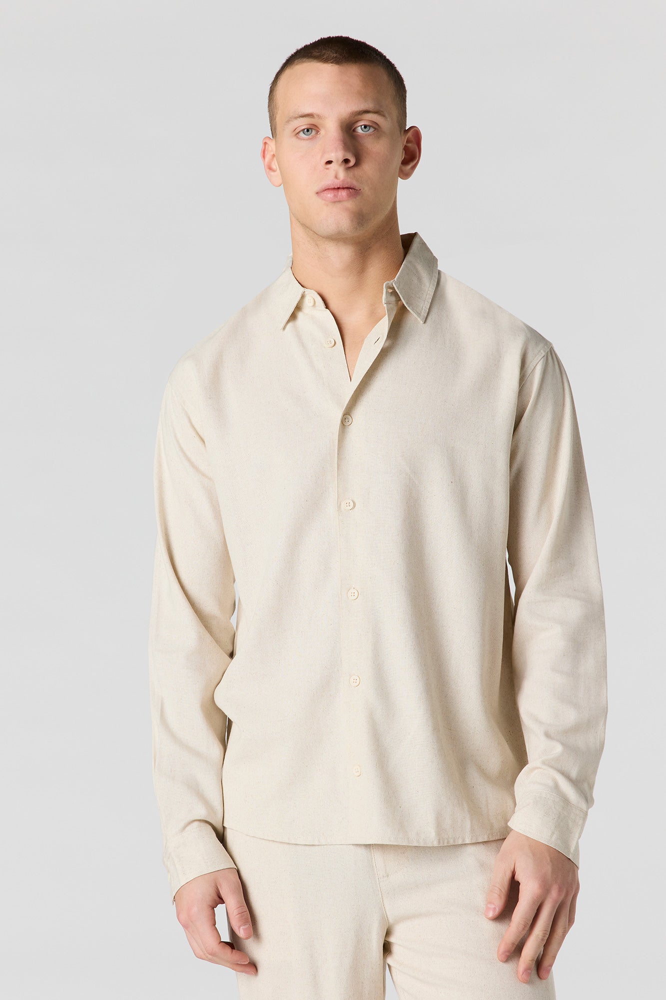Linen-Blend Long Sleeve Button-Up Top