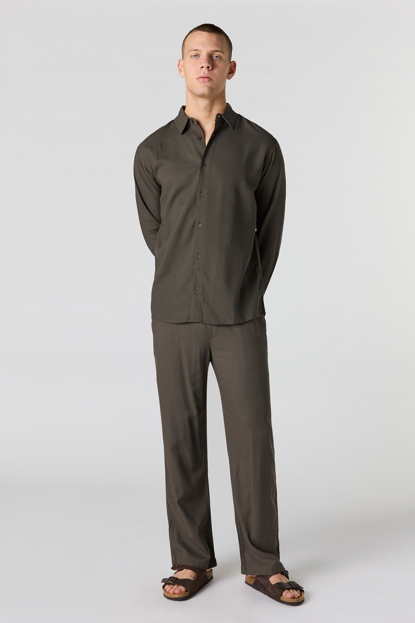 Linen-Blend Long Sleeve Button-Up Top