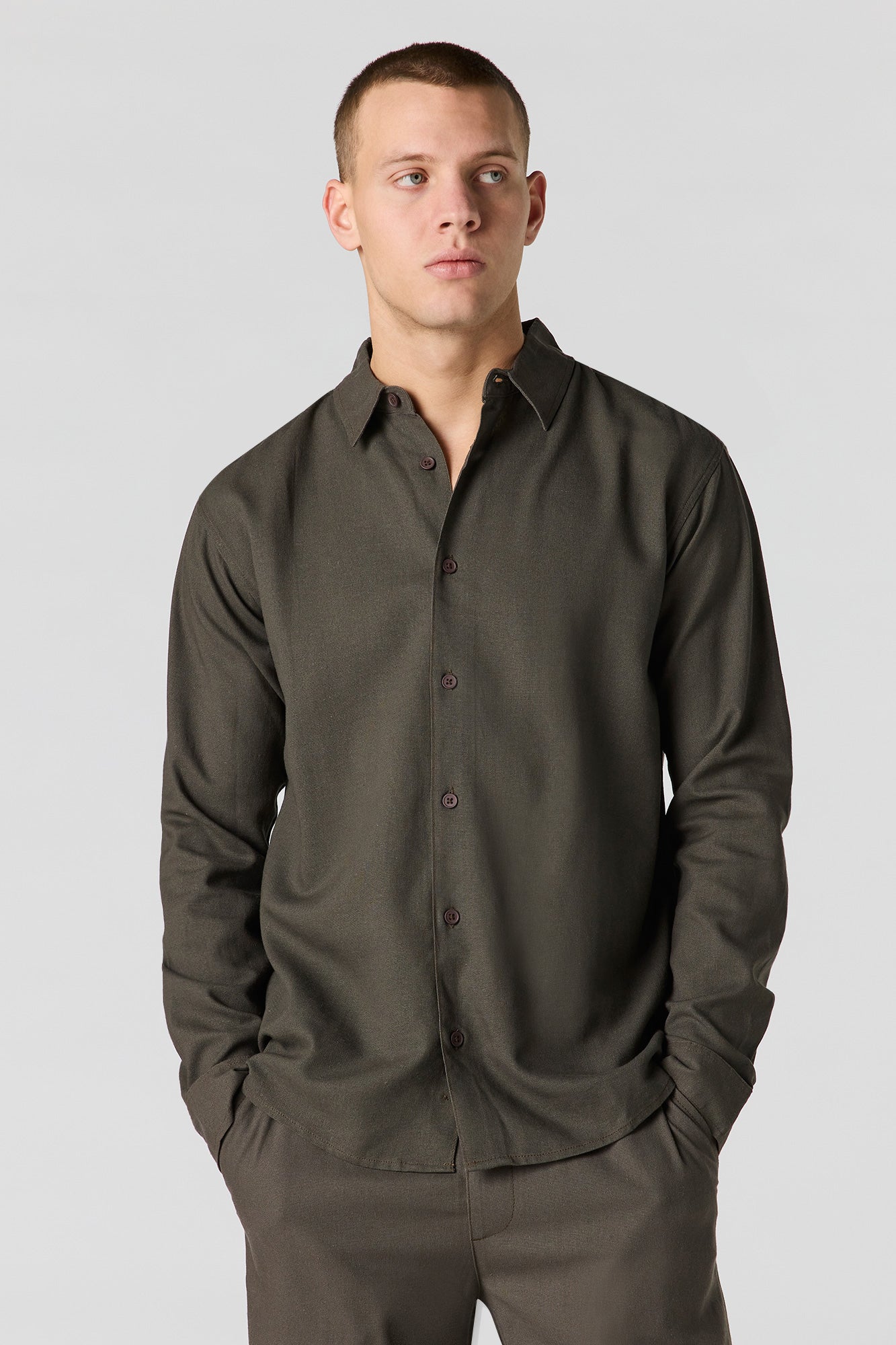 Linen-Blend Long Sleeve Button-Up Top