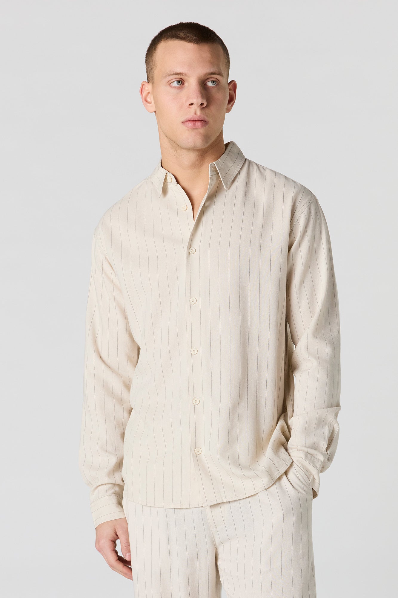 Linen-Blend Long Sleeve Button-Up Top