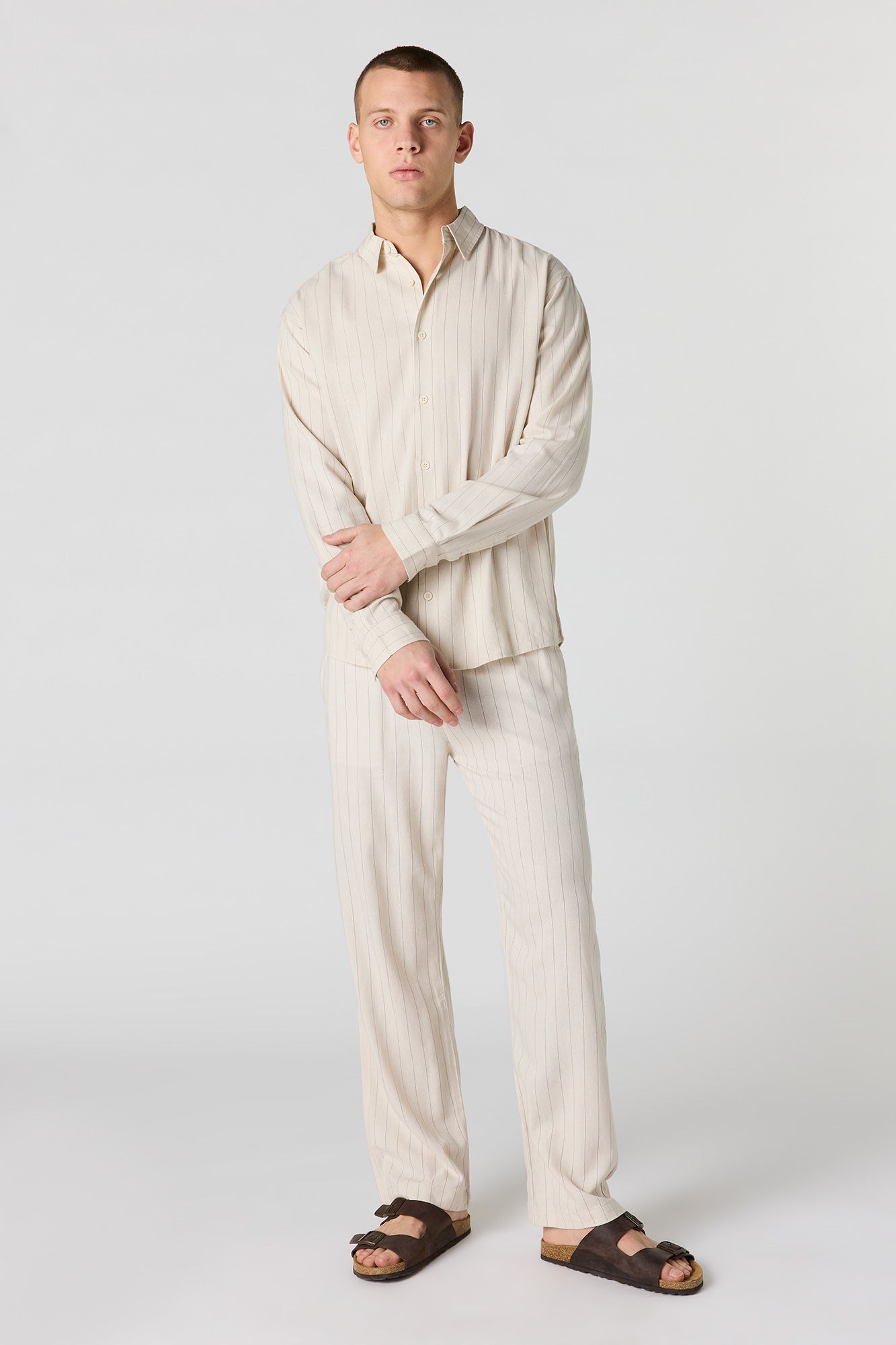 Linen-Blend Long Sleeve Button-Up Top