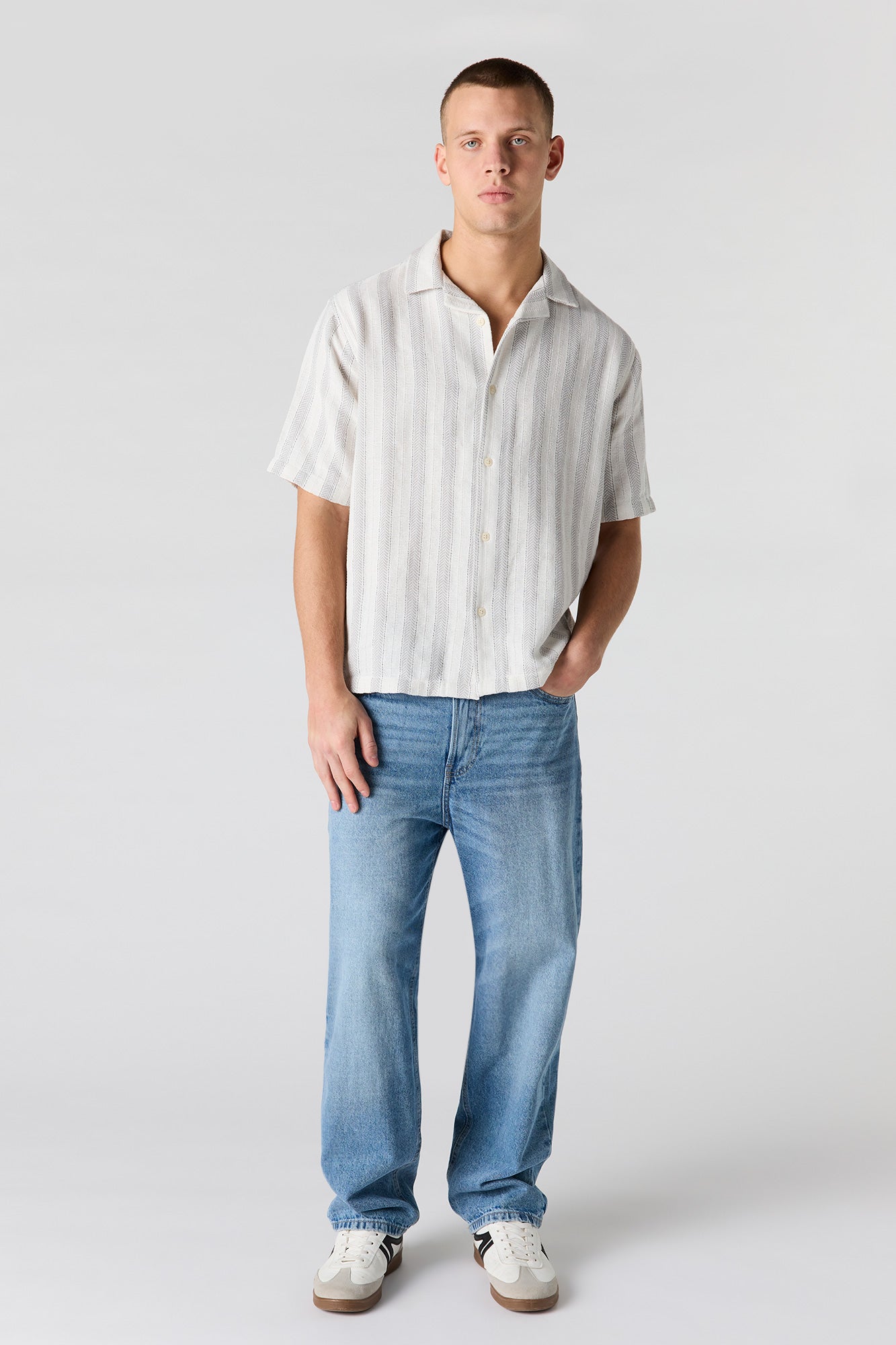 Striped Textured Button-Up Top