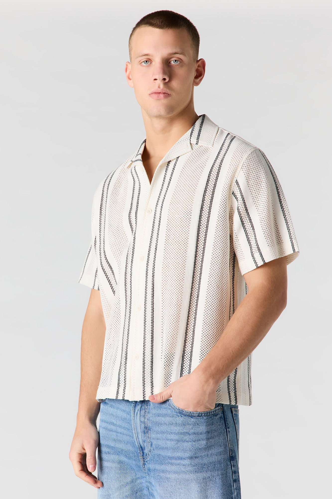 Textured Striped Button-Up Top