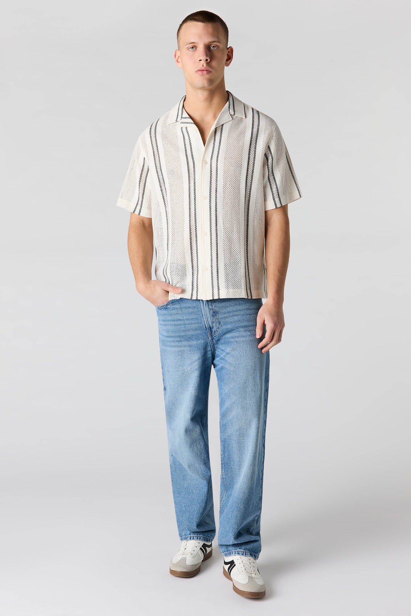 Textured Striped Button-Up Top