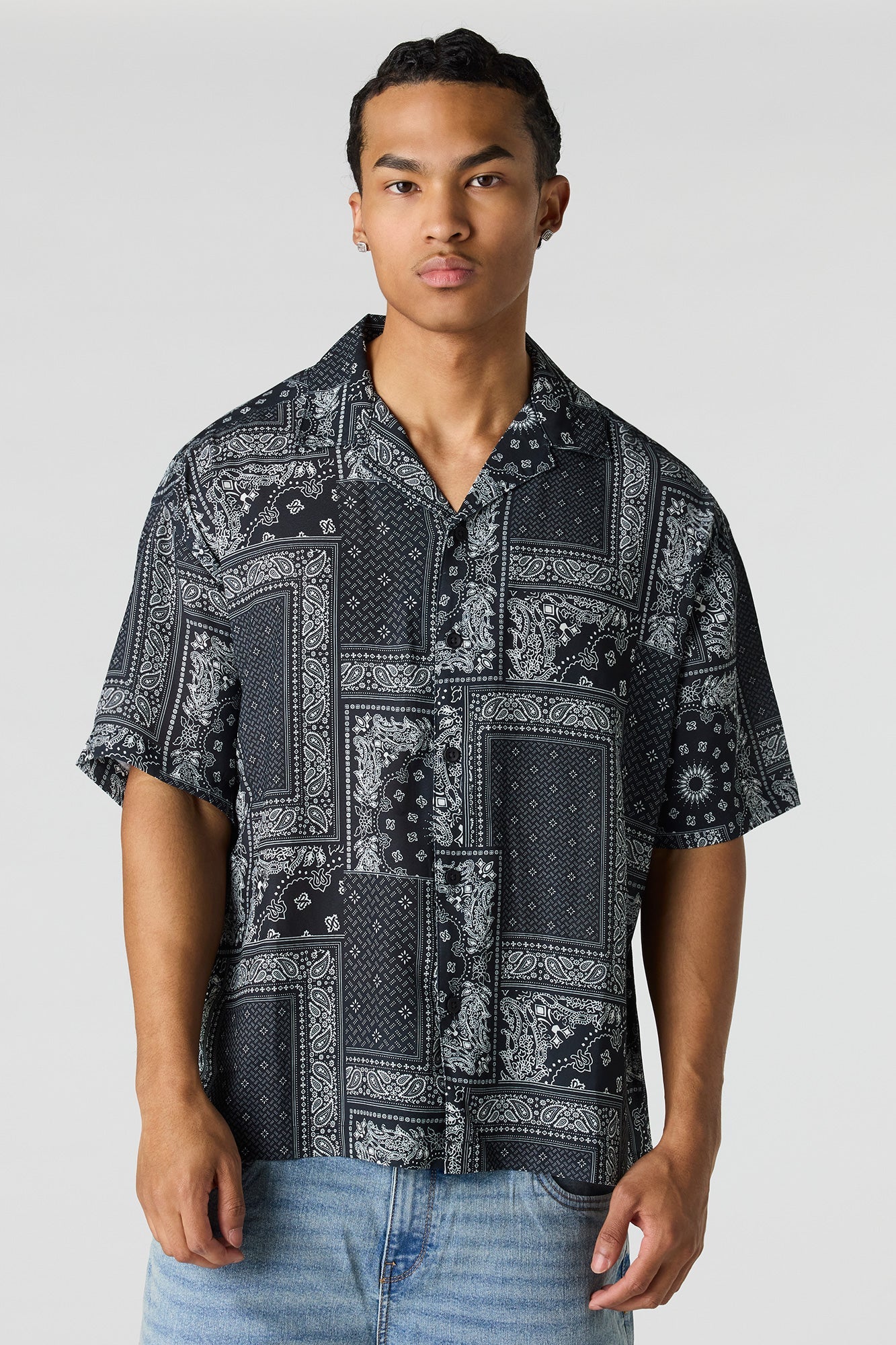 Flowy Printed Button-Up Collared Top